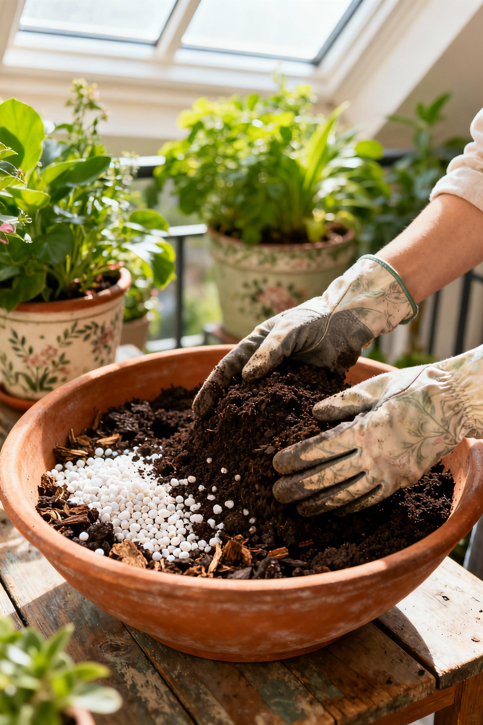 Close-up of hands mixing rich, dark organic potting soil with perlite and compost in a rustic wooden bowl, with blurred cottage-core balcony garden plants and terracotta pots in the background. Focus on preparing an ultimate soil substrate for a balcony garden.