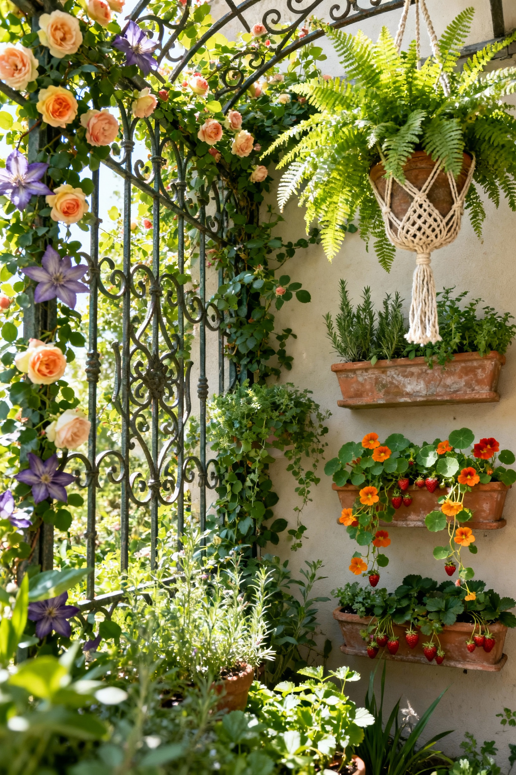 Lush balcony vertical garden with climbing roses on an ornate trellis, hanging ferns, and cascading strawberries in tiered planters, showcasing cottagecore aesthetic.