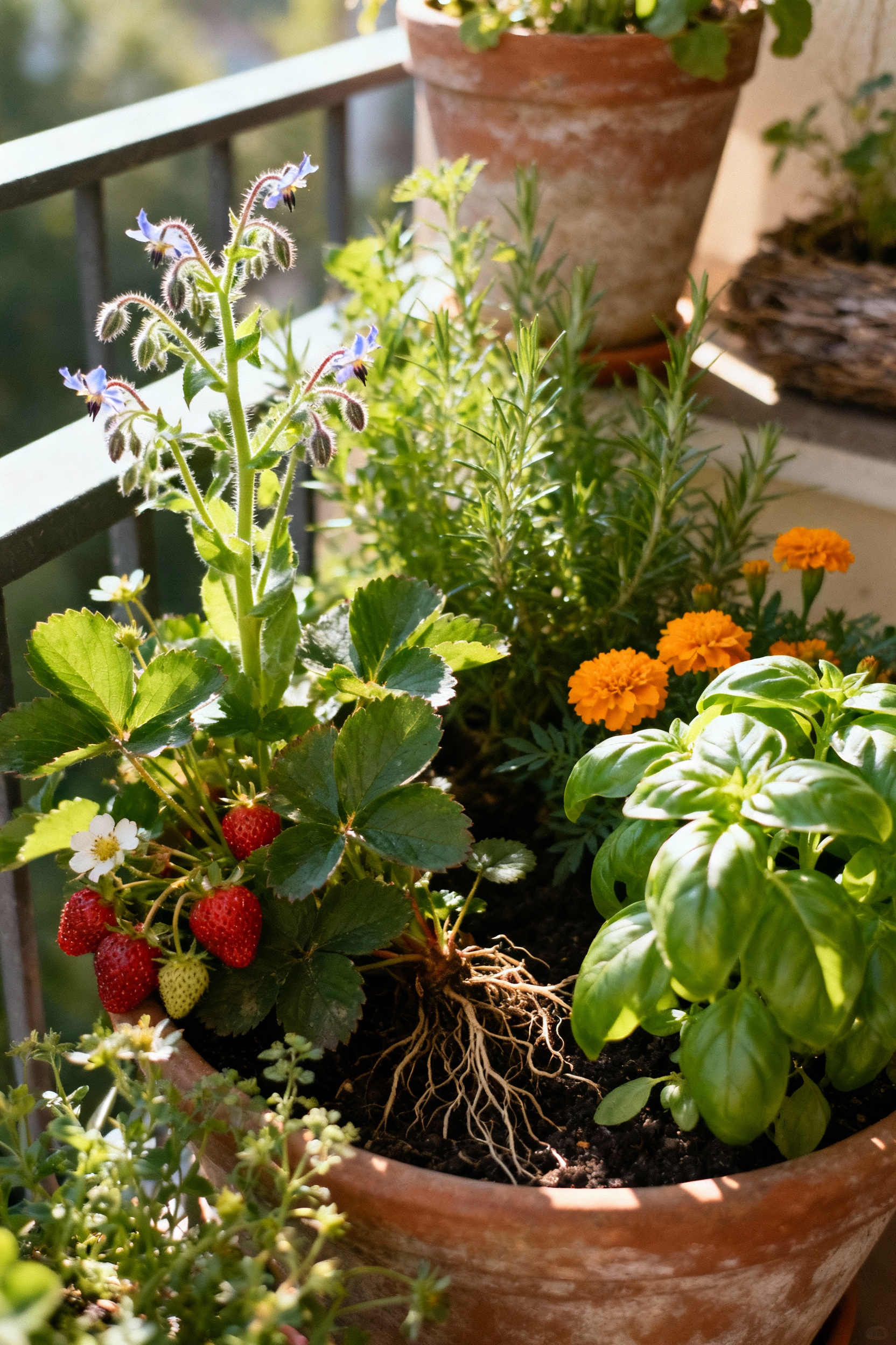 A lush balcony garden showing various plants like borage, strawberries, marigolds, and basil planted together in rustic ceramic pots, illustrating plant symbiosis and companion planting for robust growth.