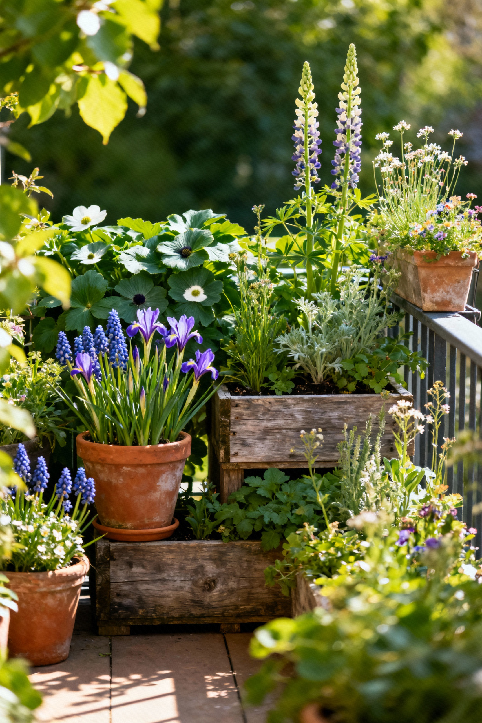 Cottage core balcony garden showcasing lush, diverse plants and flowers in a continuous bloom through seasonal succession, vibrant colors and textures.