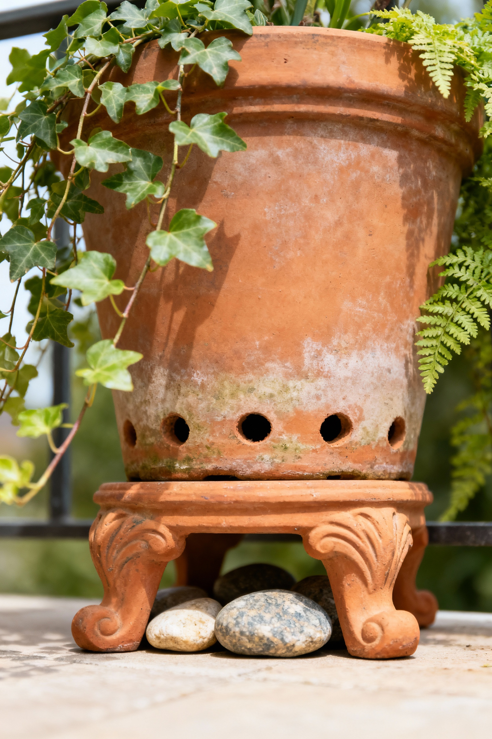 Close-up of a rustic terracotta planter with visible drainage holes sitting on decorative pot feet, surrounded by lush balcony garden plants, illustrating effective subterranean flow for healthy root systems.