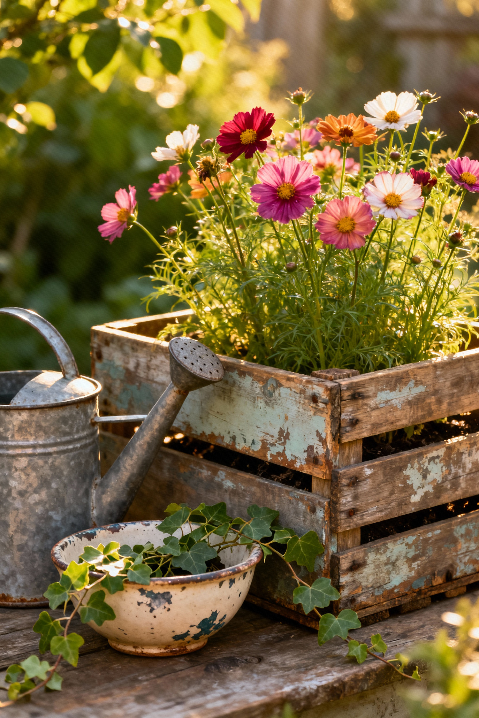 Rustic balcony garden featuring various found objects like aged wooden crates, vintage watering cans, and terracotta pots, integrated with lush plants.