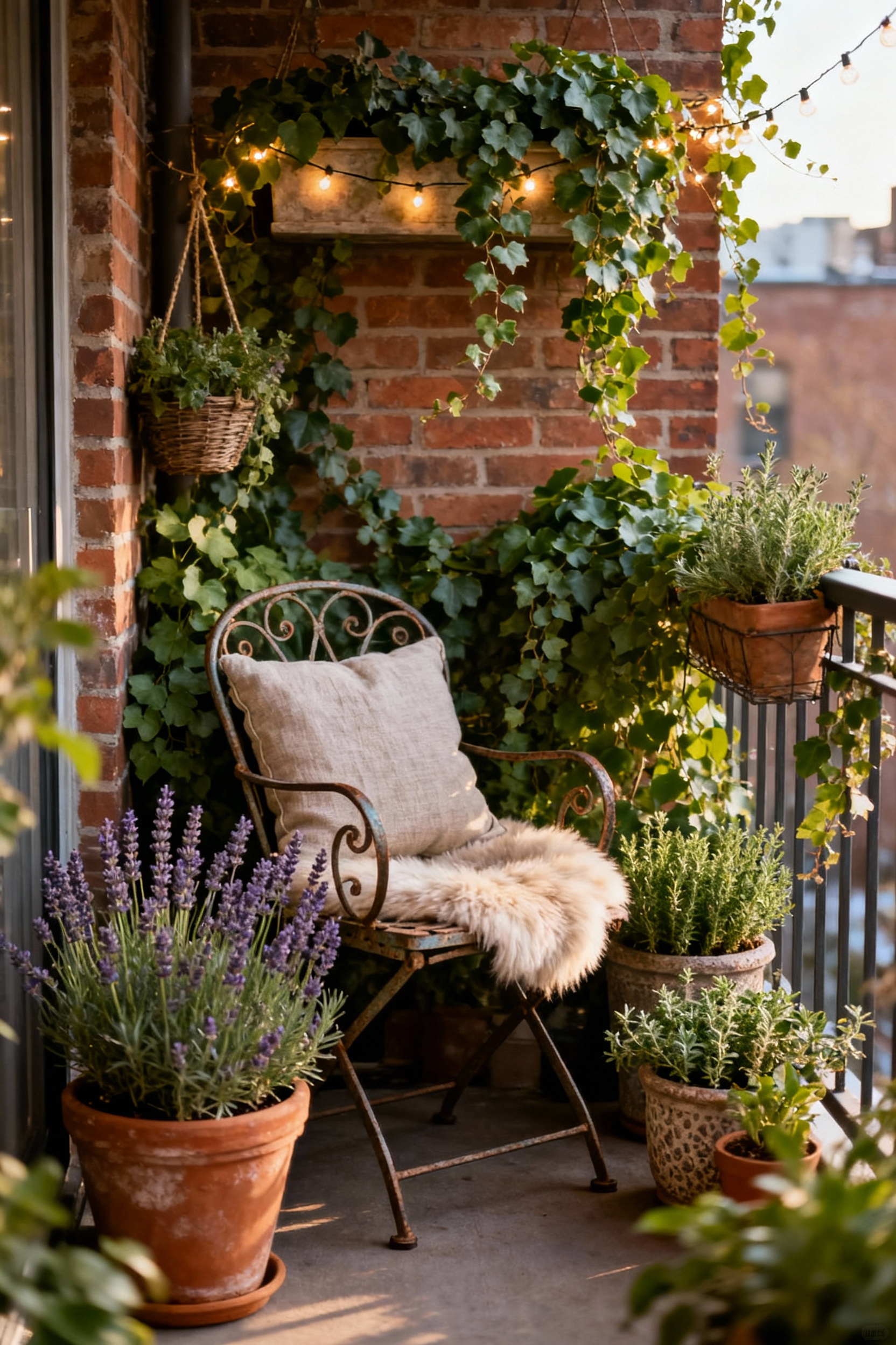 A charming cottage core balcony features a wrought-iron bistro chair with a linen cushion and sheepskin throw, surrounded by abundant green plants, terracotta pots, and string lights, forming a cozy sanctum seating area.