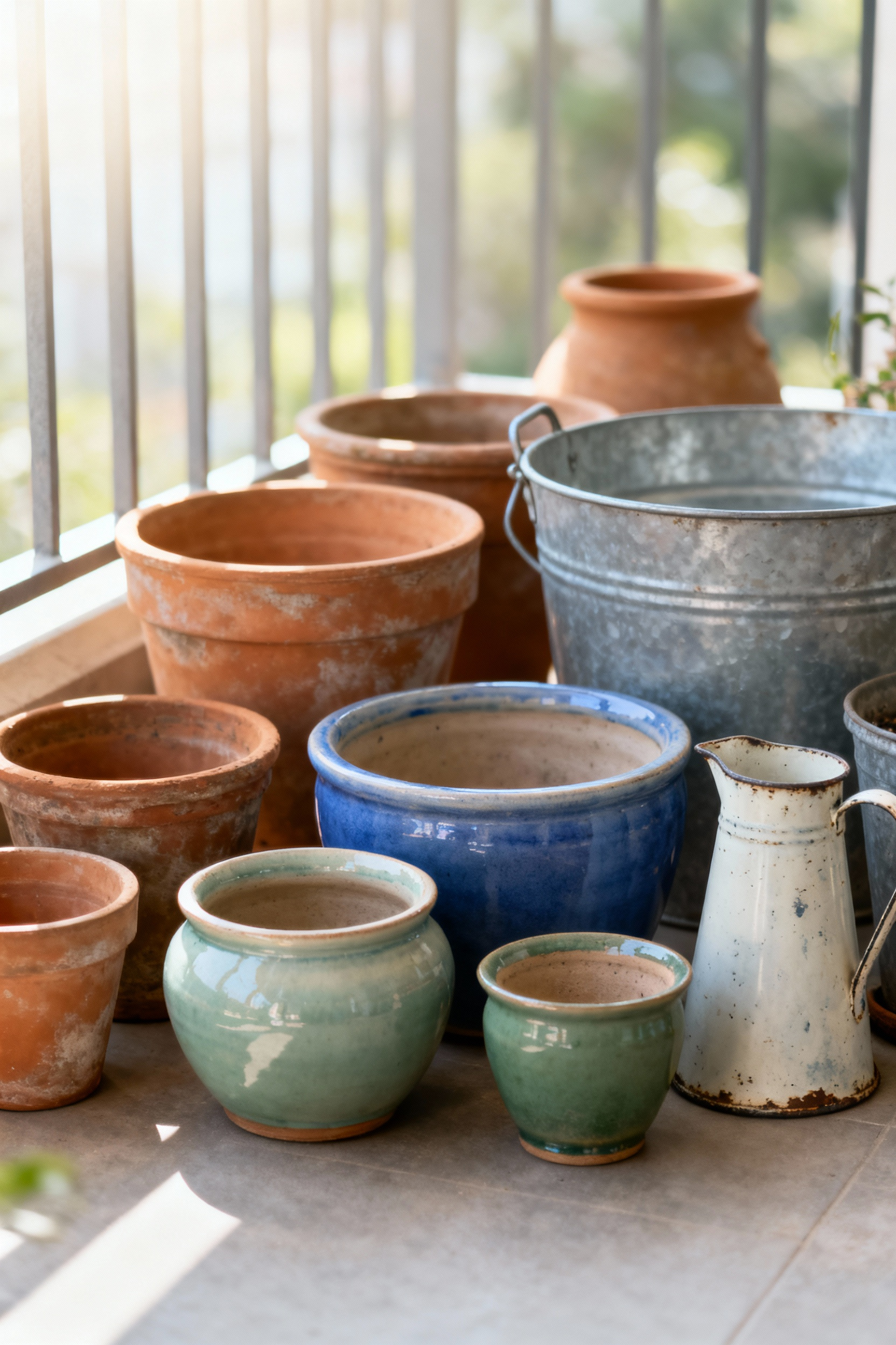 Collection of diverse balcony garden planters including rustic terracotta, sleek glazed ceramic, and charming vintage enamelware, artfully arranged on a cottage core balcony.