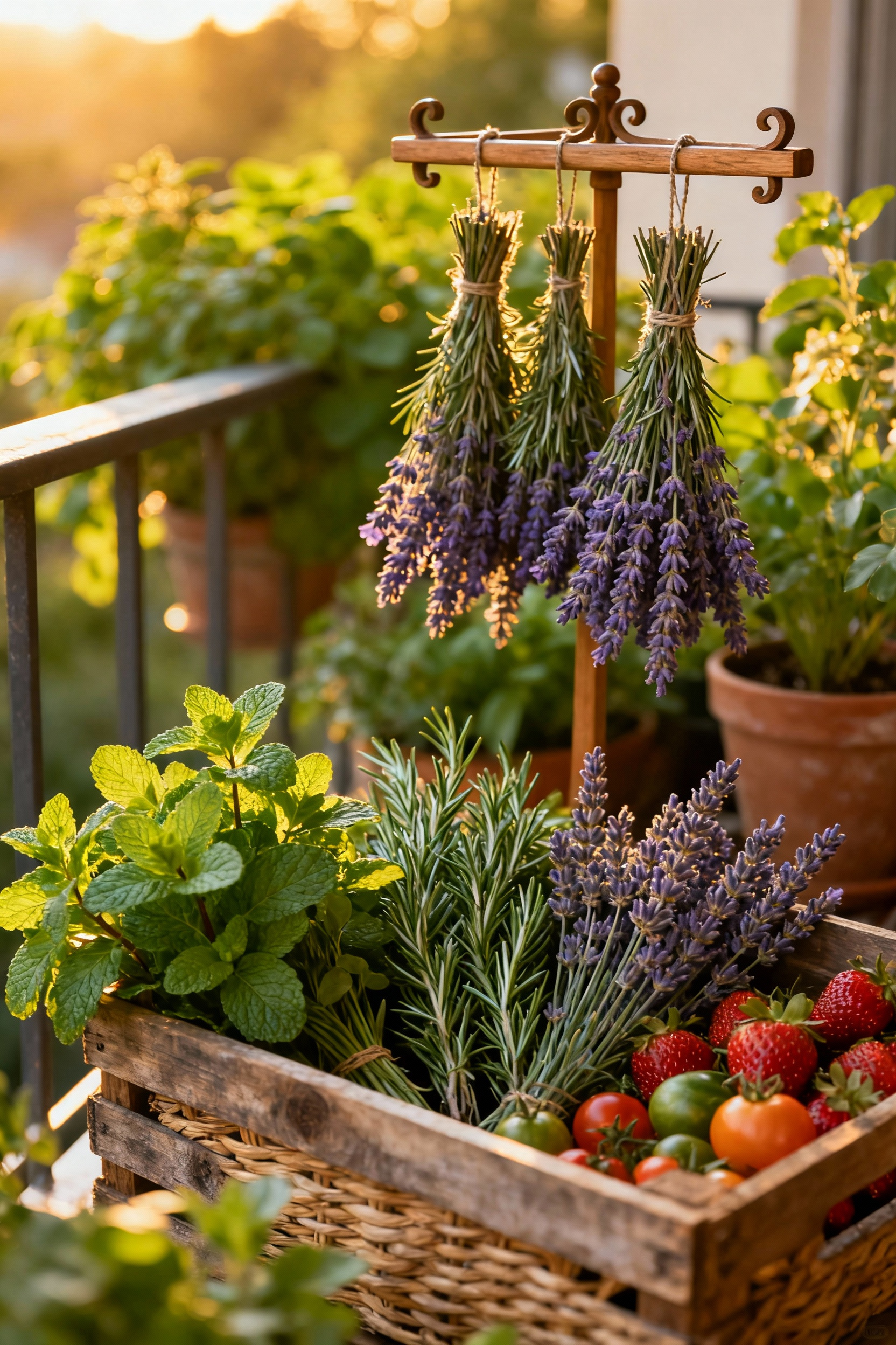 A rustic basket filled with fresh herbs and berries on a balcony, with bundles of herbs drying overhead, representing the bounty of a balcony garden harvest.