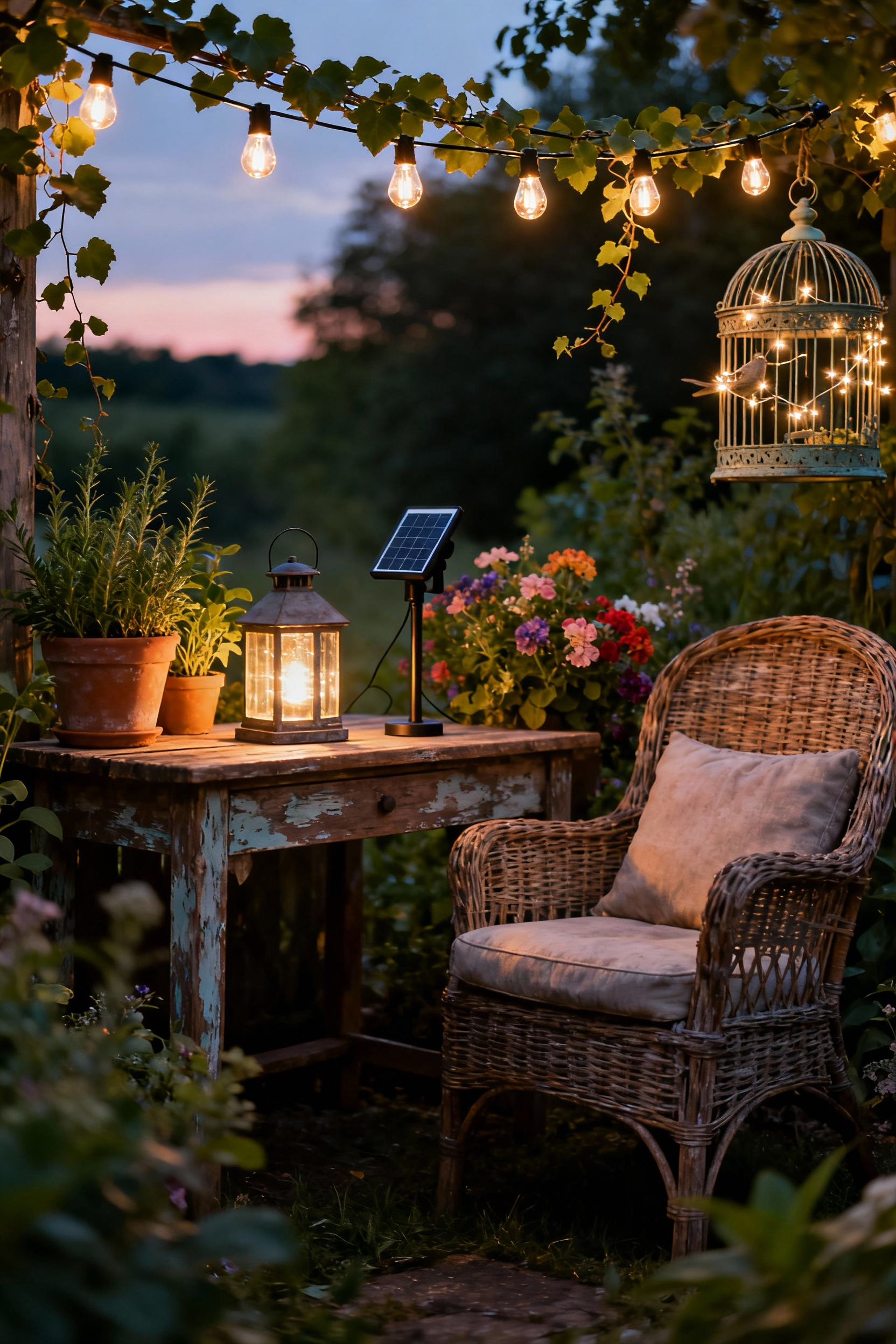 Cozy balcony garden at twilight, illuminated by warm string lights and lanterns, creating a magical, cottage core nocturnal ambiance.