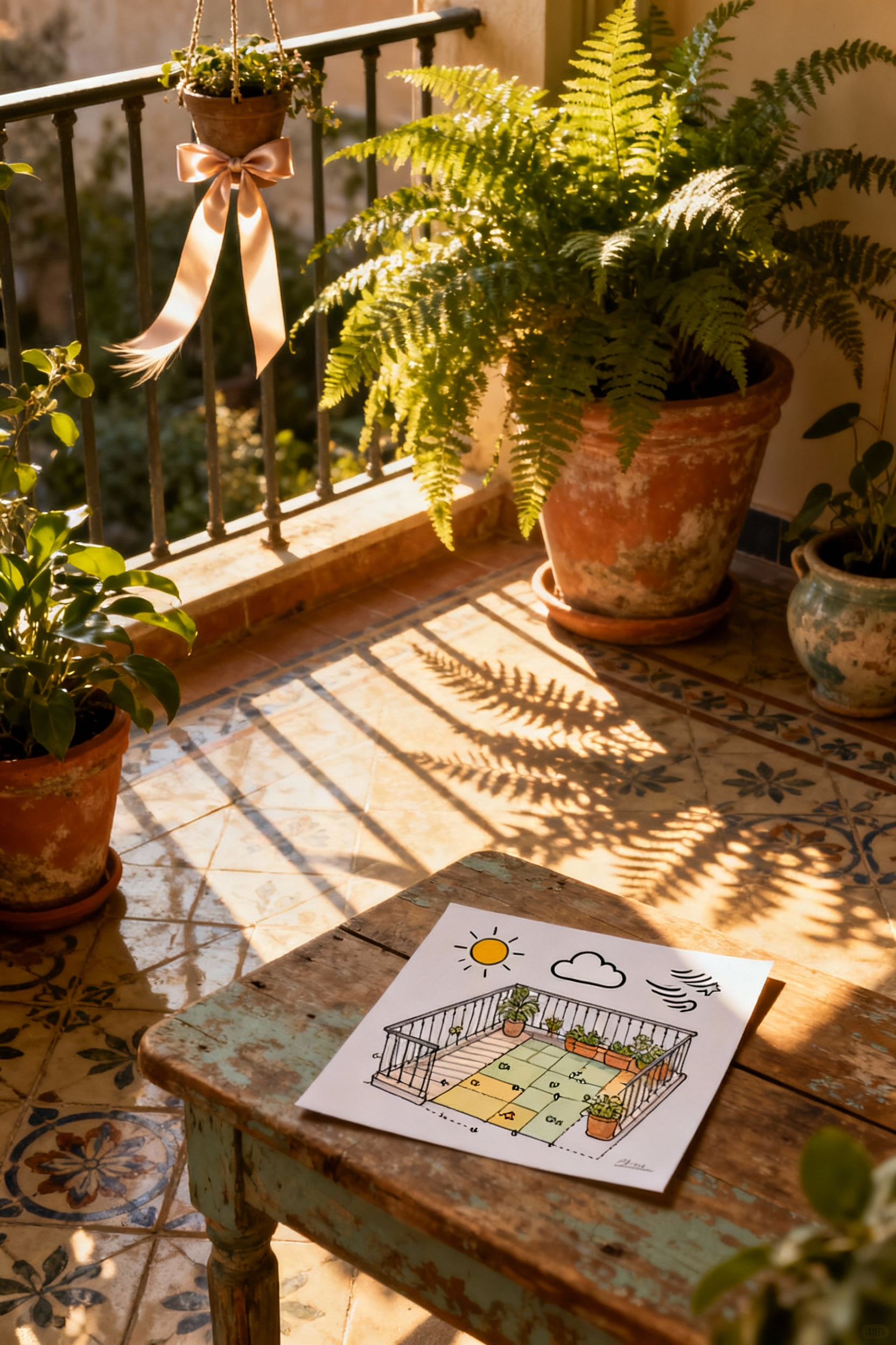 Cottage core style balcony with dappled sunlight, a subtle ribbon indicating wind, and a hand-drawn microclimate map, symbolizing balcony light and wind exposure assessment.