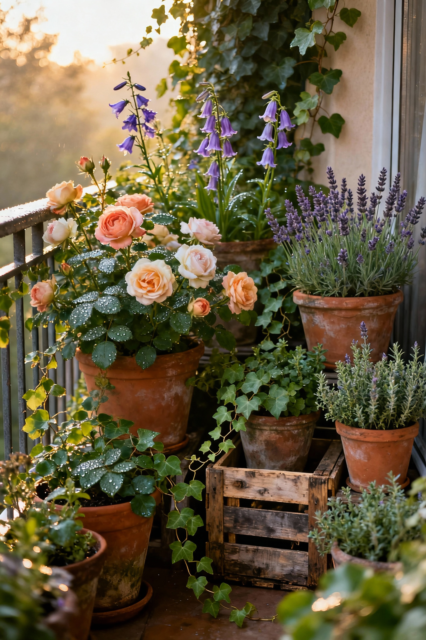 A lush, harmoniously arranged cottage-core balcony garden featuring a curated plant palette of various flowers and herbs in vintage terracotta pots, with trailing greenery, under soft natural light.