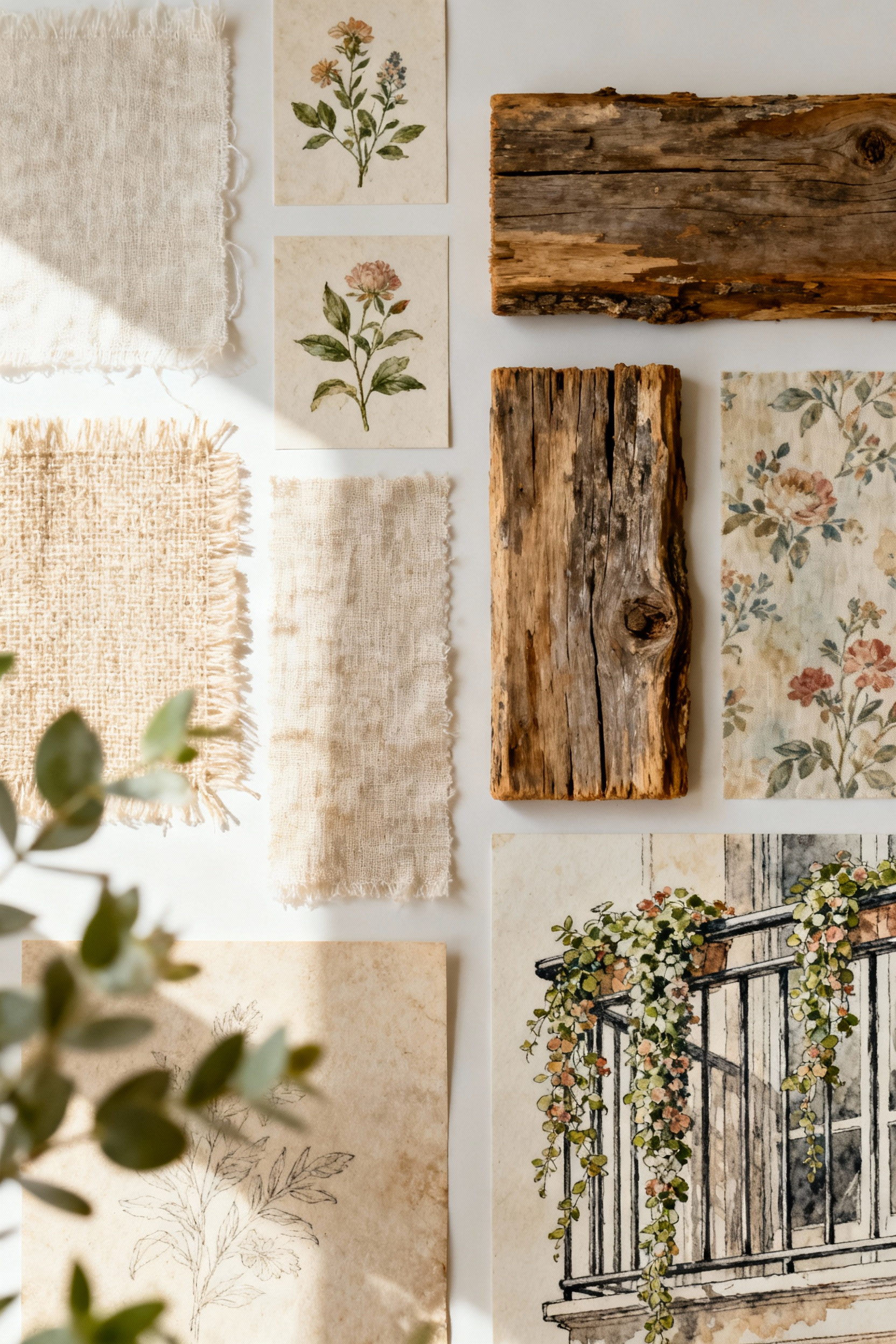 A cottage-core balcony design concept mood board with rustic elements, floral patterns, and architectural sketches, visualizing an aesthetic outdoor haven.