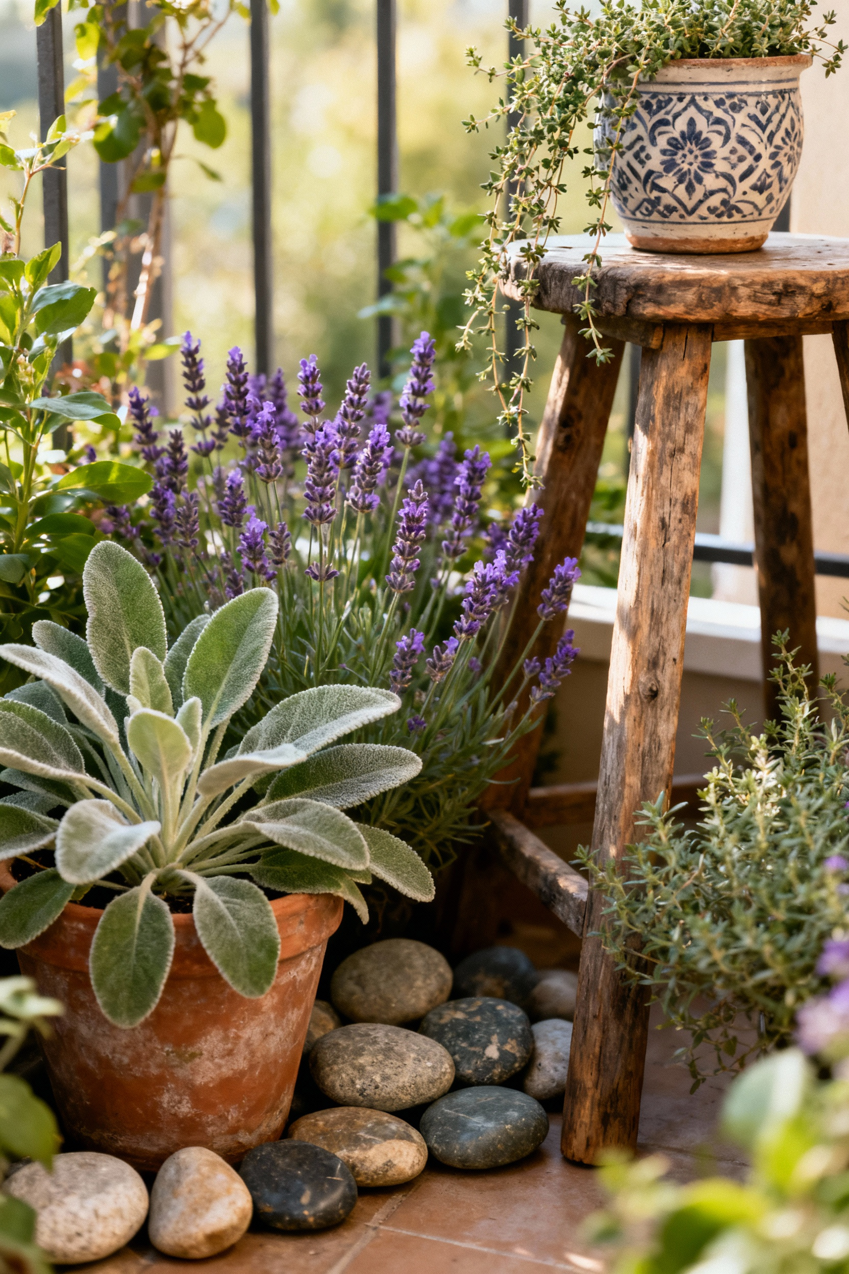 A cottage-core balcony corner with fragrant lavender, fuzzy lamb's ear, polished river stones, and a rustic ceramic pot, illustrating a sensory-rich balcony garden.