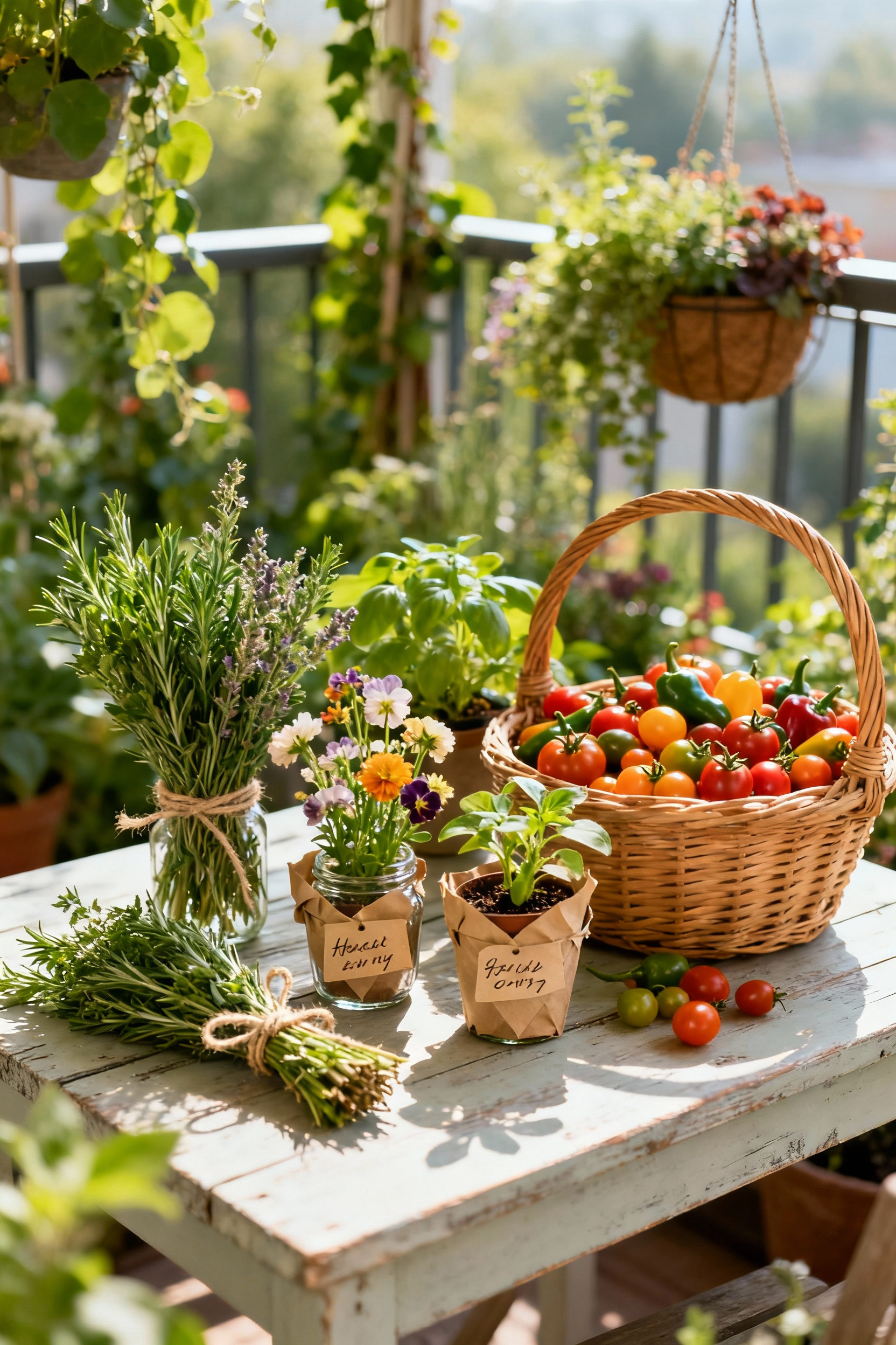 A beautiful array of handcrafted #HomegrownGardenGifts, including fresh herb bundles, edible flowers, and small potted plants, arranged on a rustic table with a verdant balcony garden backdrop.