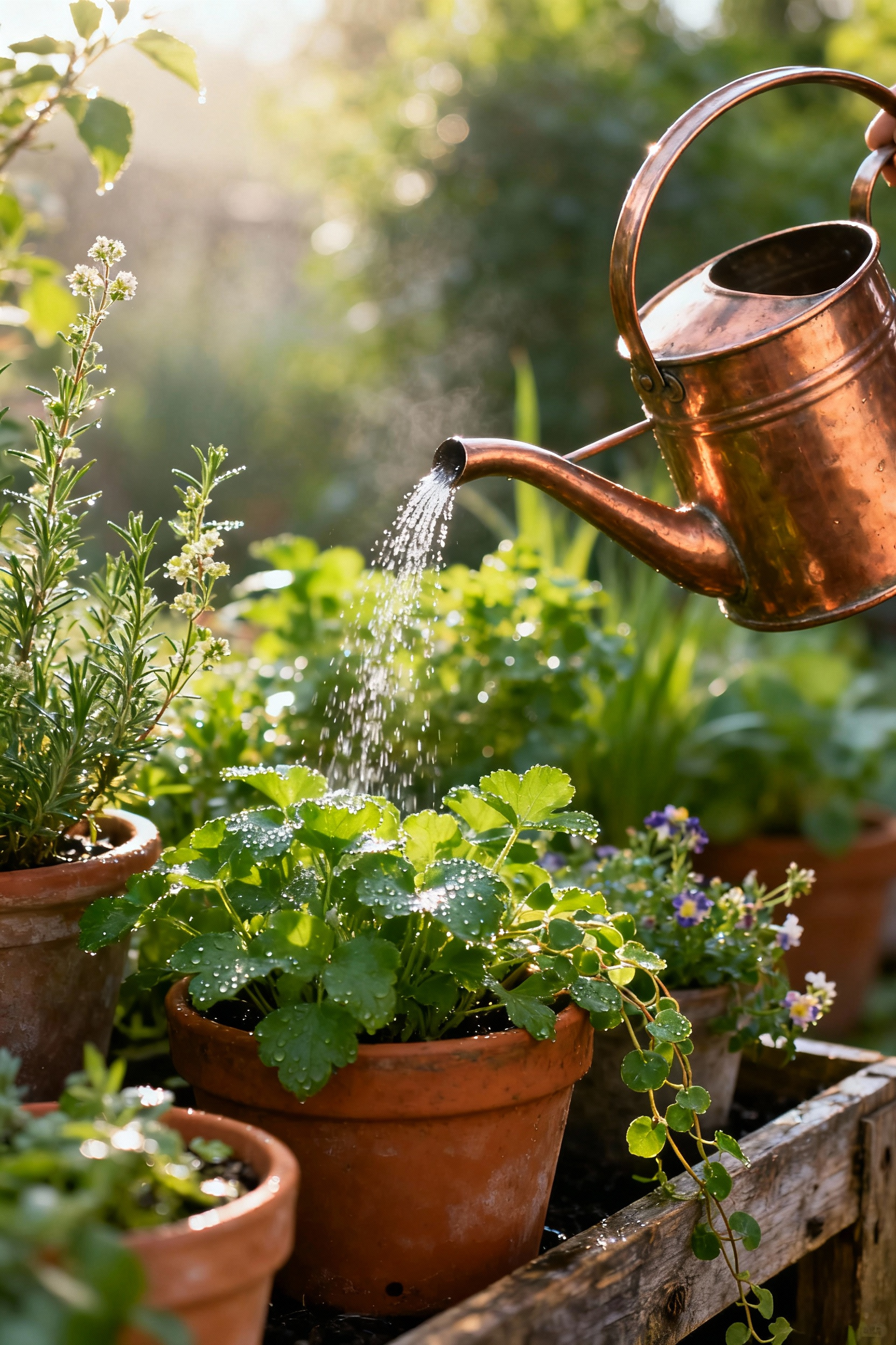 A serene balcony garden with lush green plants being watered by a beautiful copper watering can, depicting a meditative watering ritual.