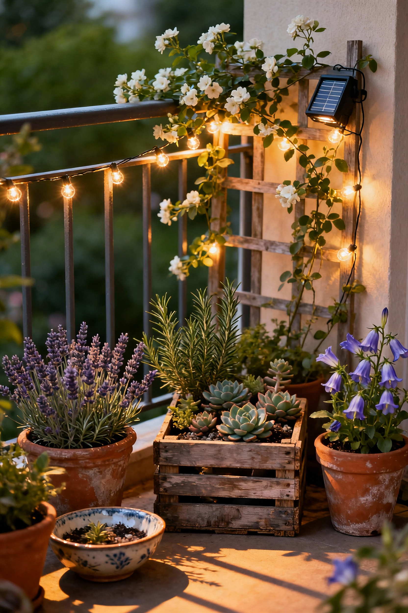 A serene, cottage core-inspired balcony garden with terracotta pots, aromatic herbs, and soft fairy lights, designed for quiet contemplation and solitude.