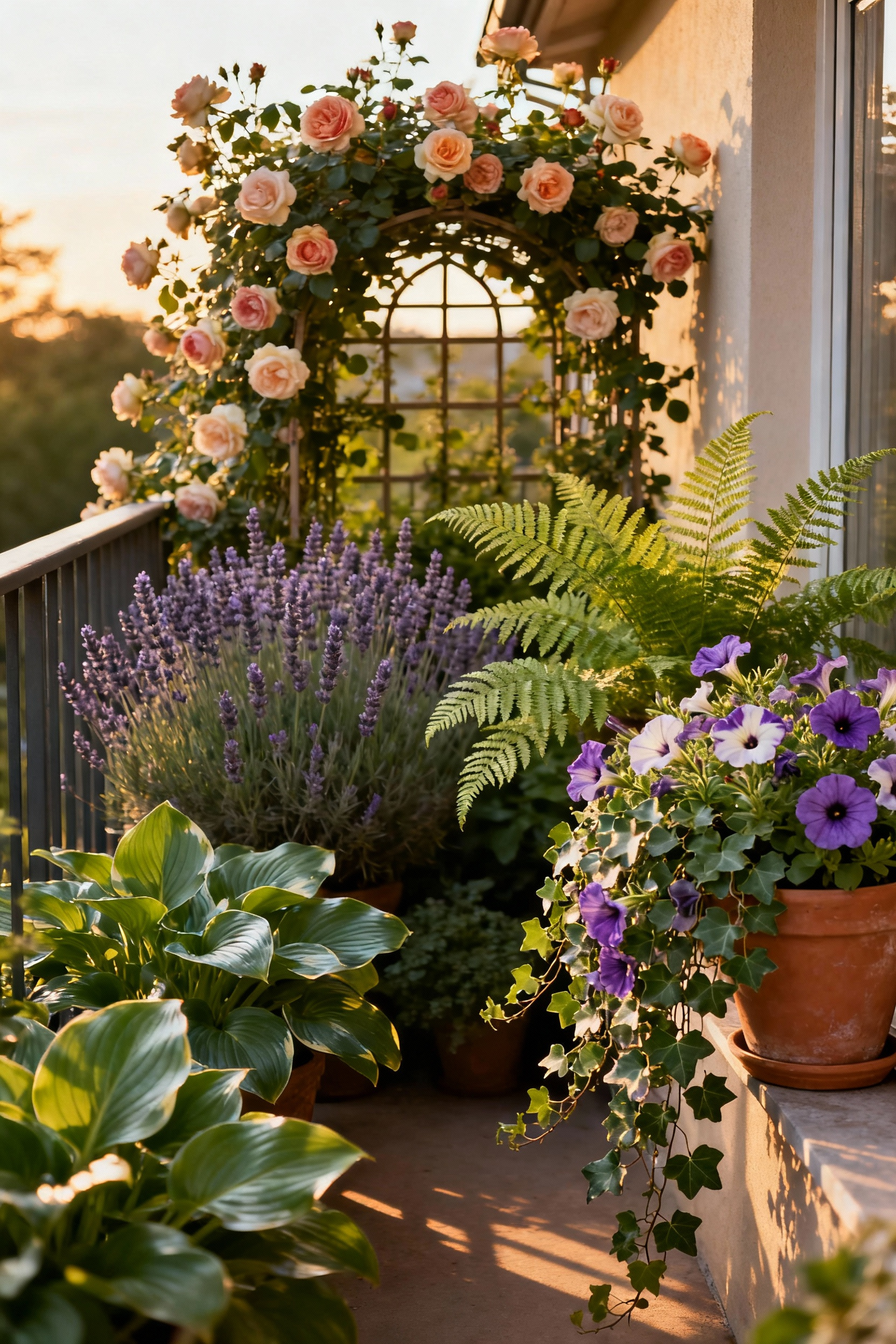 Lush, multi-layered balcony garden featuring tall climbing roses, lavender, ferns, and cascading petunias and ivy, creating profound visual depth with a cottage core aesthetic under golden hour light.