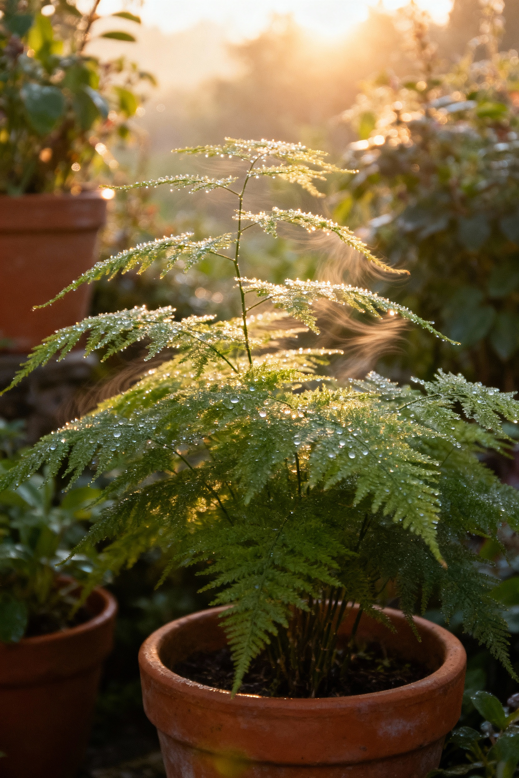Close-up of dewy green fern leaves on a serene balcony garden, gently moving with a soft morning breeze, illuminated by early sunlight, embodying subtle environmental whispers and intuition.