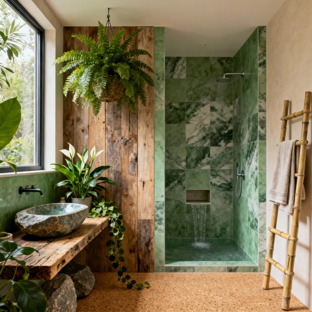 A tranquil green bathroom showcasing biophilic design, featuring lush plants, reclaimed wood, river stone, and abundant natural light for a multisensory renewal experience.