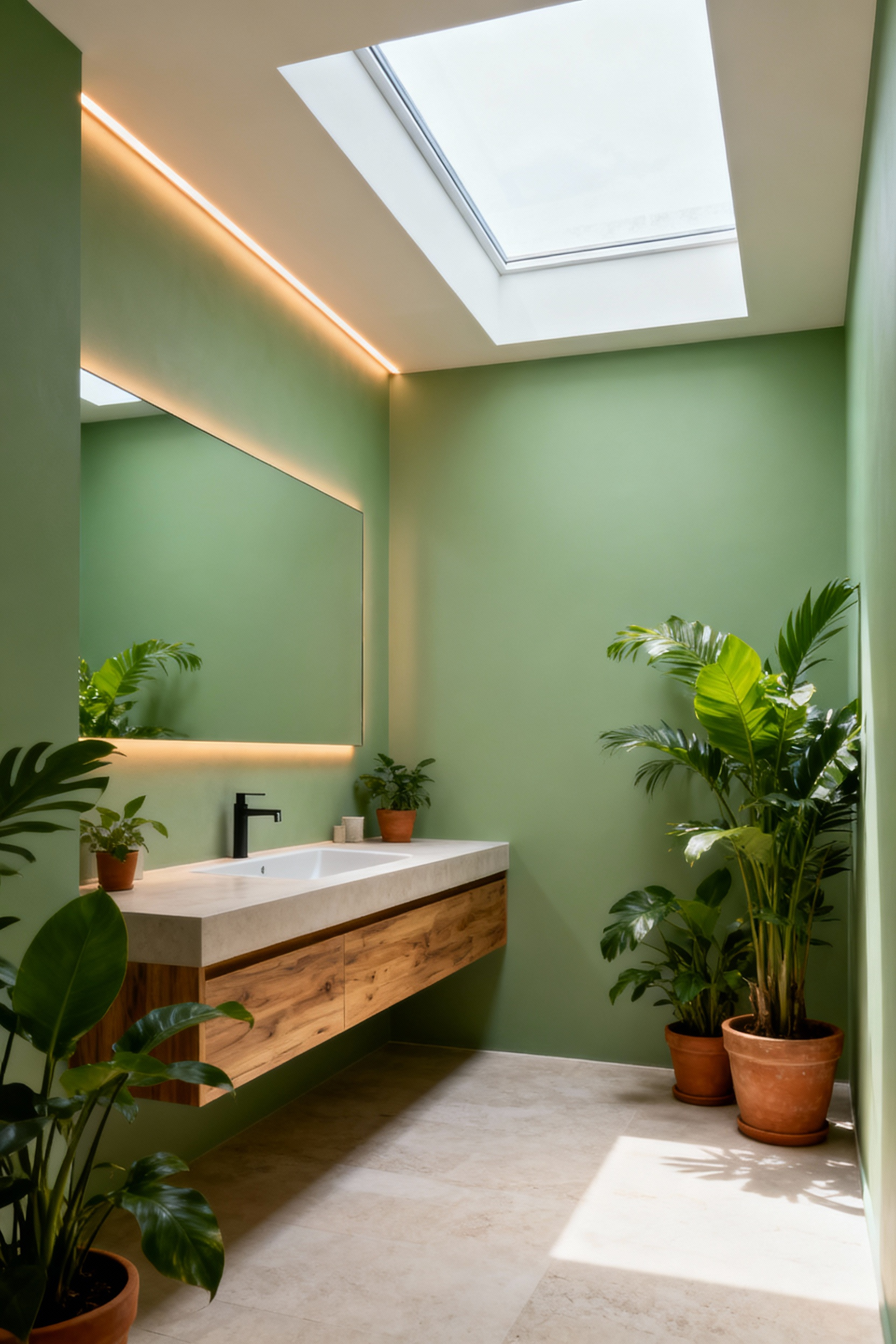 A serene green bathroom interior featuring a large skylight pouring in natural light and integrated adaptive LED strip lighting, showcasing a harmonious blend of illumination.
