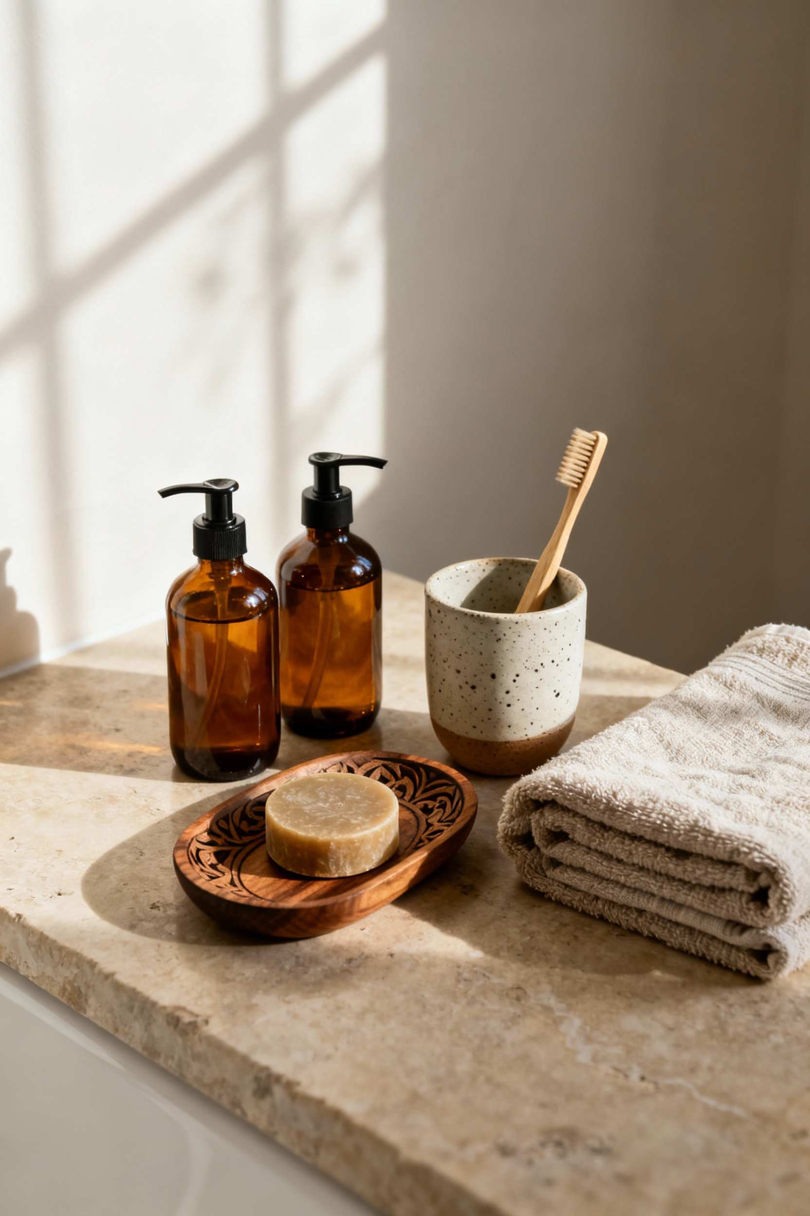 A serene zero-waste bathroom setup with elegant refillable dispensers, bamboo toothbrush, solid soap bar, and linen towel on a natural stone vanity.