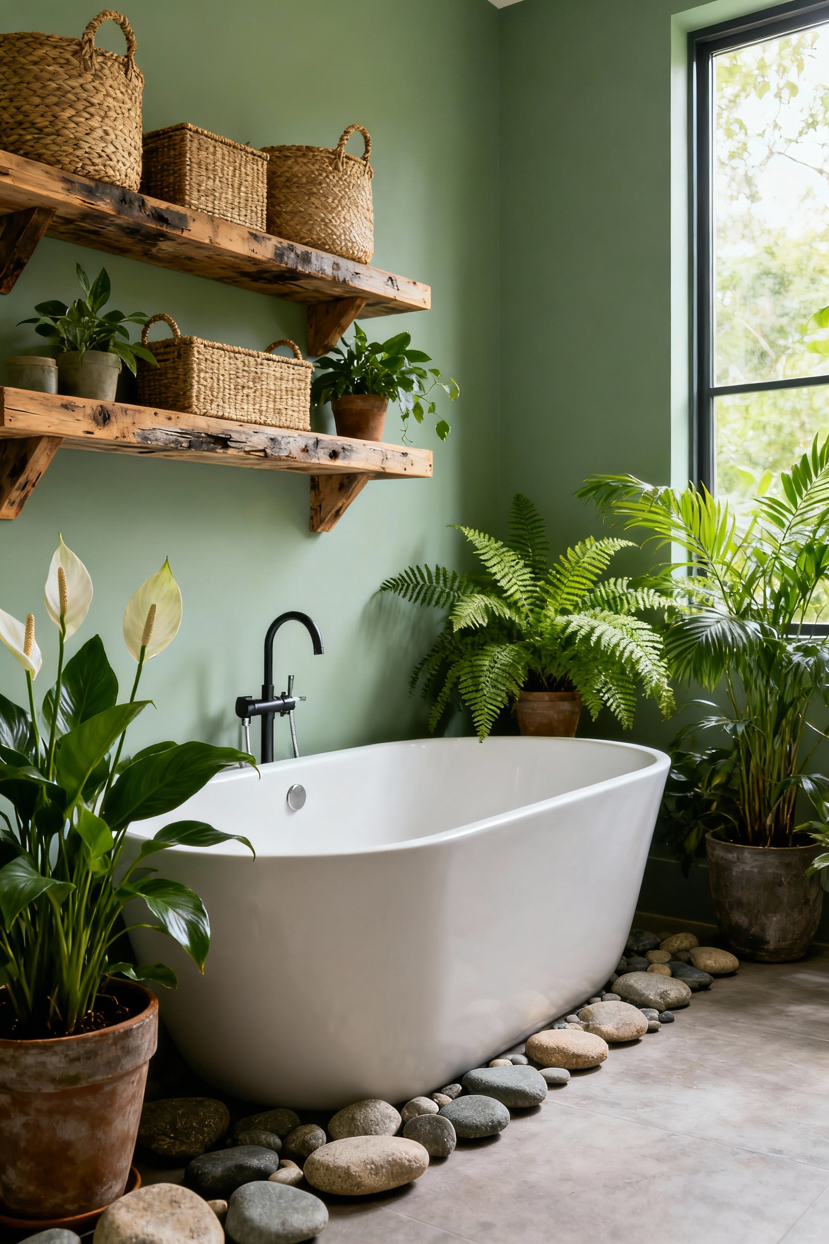 Serene green bathroom featuring a freestanding tub surrounded by lush plants, sage green walls, reclaimed wood shelving, river stone accents, and soft natural light, embodying a verdant biophilic design.