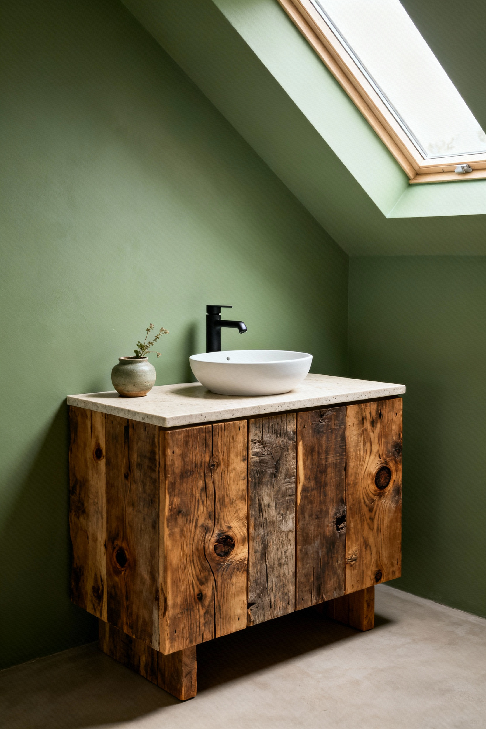 A single reclaimed timber bathroom vanity with visible wood grain and imperfections, paired with a light natural stone countertop, a white vessel sink, and a matte black faucet in a green-themed bathroom with subtle natural light.
