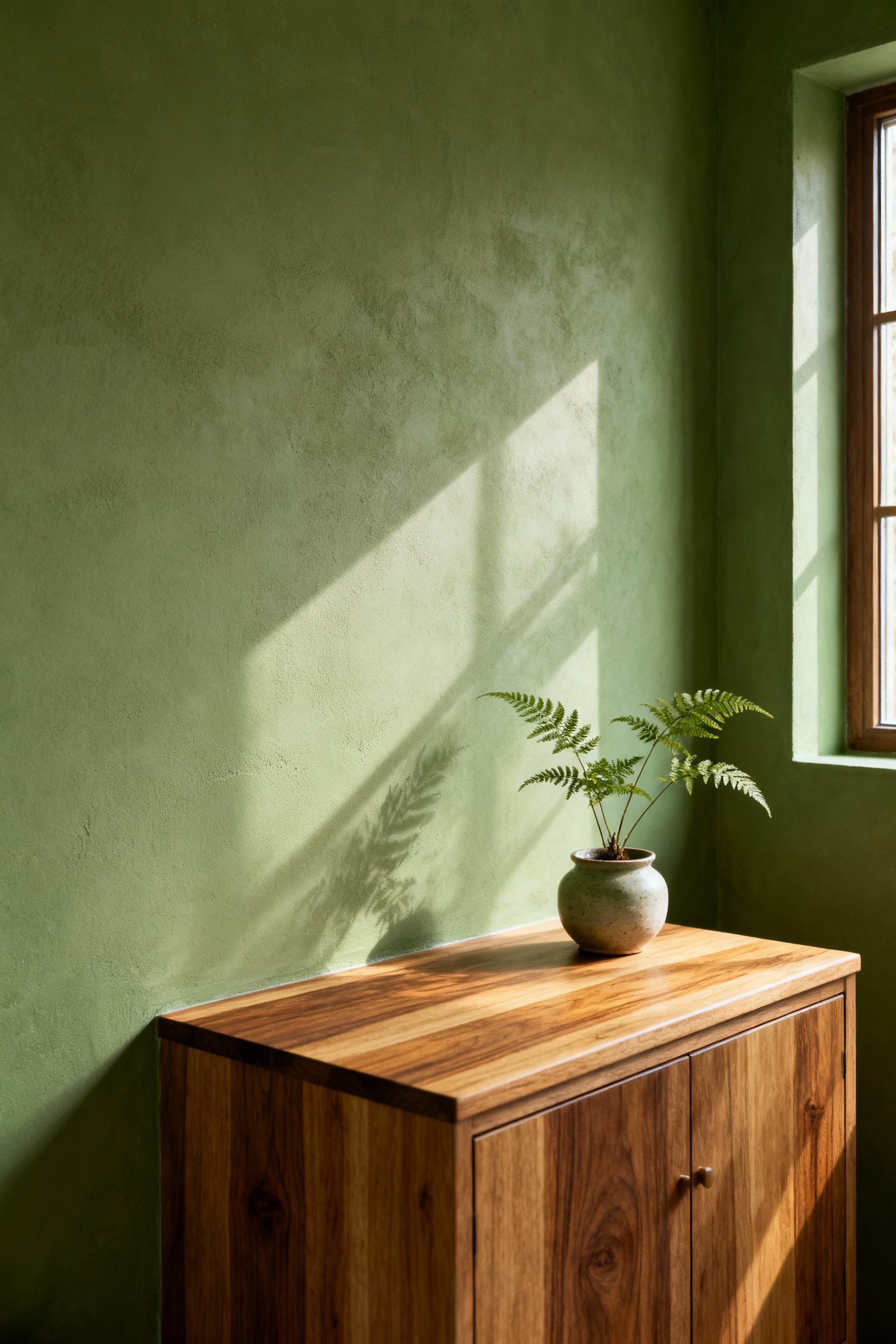 Close-up of a green bathroom with clay-based plaster walls and a tung-oil finished natural wood vanity, showcasing zero-VOC and plant-based finishes in diffused natural light.