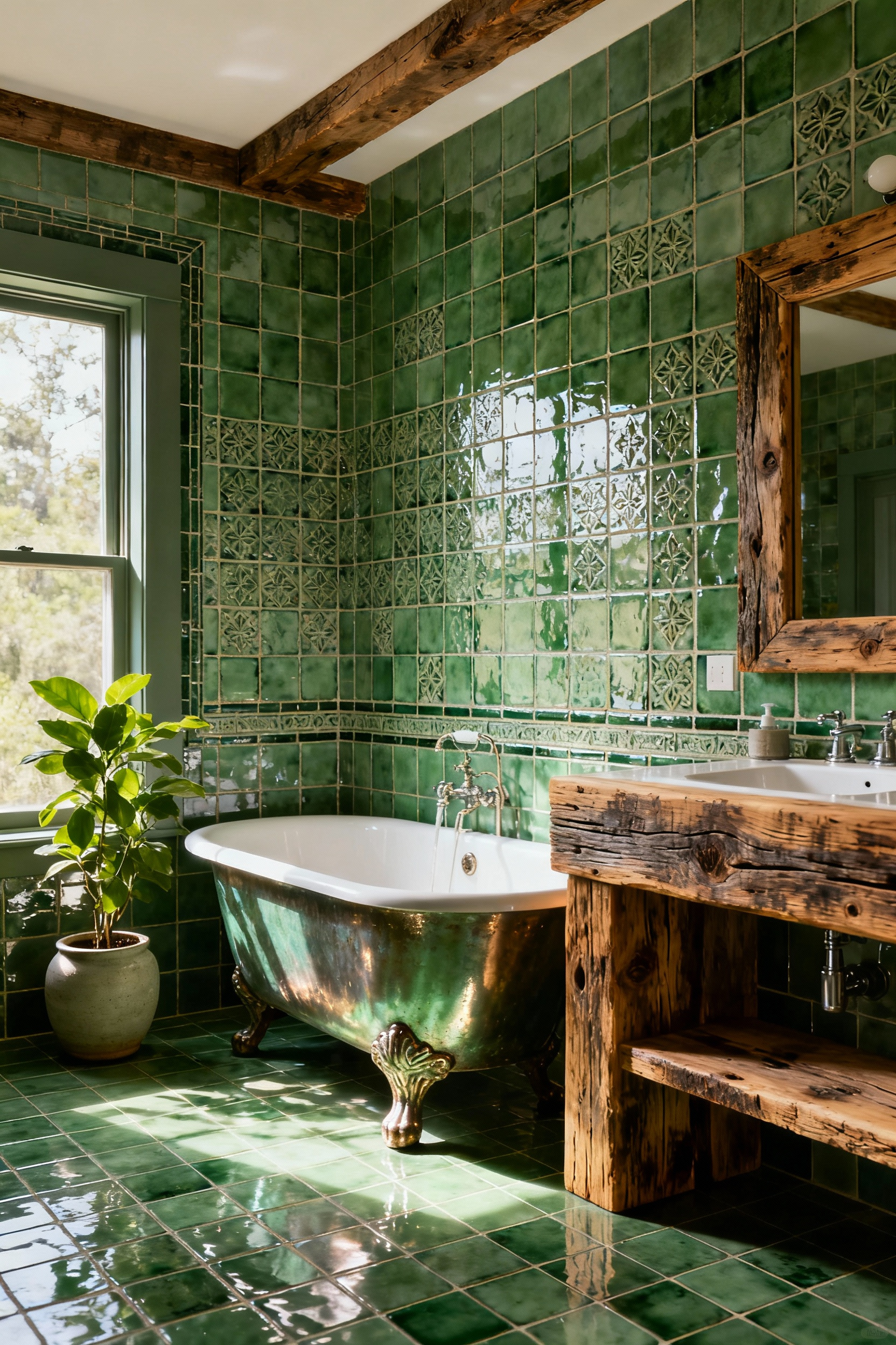 A timeless green bathroom featuring a restored clawfoot tub, salvaged wood vanity, and handcrafted Zellige tiles, embodying heirloom quality craftsmanship.