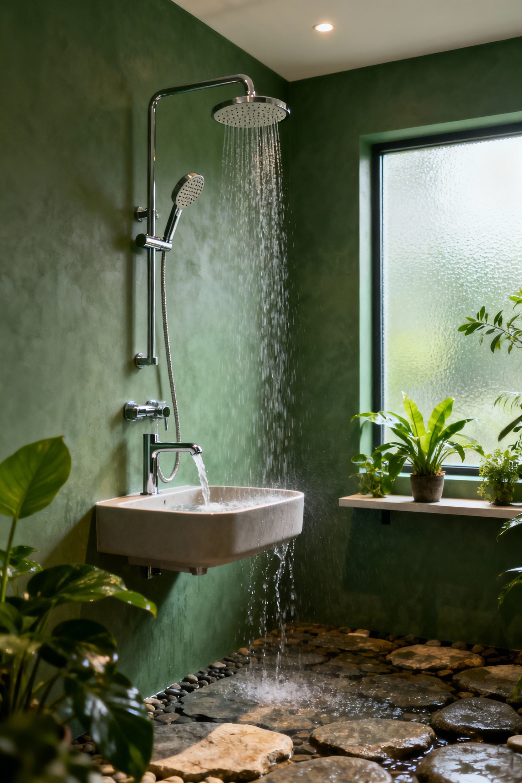 Close-up of a low-flow waterfall faucet and rainfall showerhead in a modern green bathroom with natural light and biophilic elements, demonstrating efficient water use and serene design.