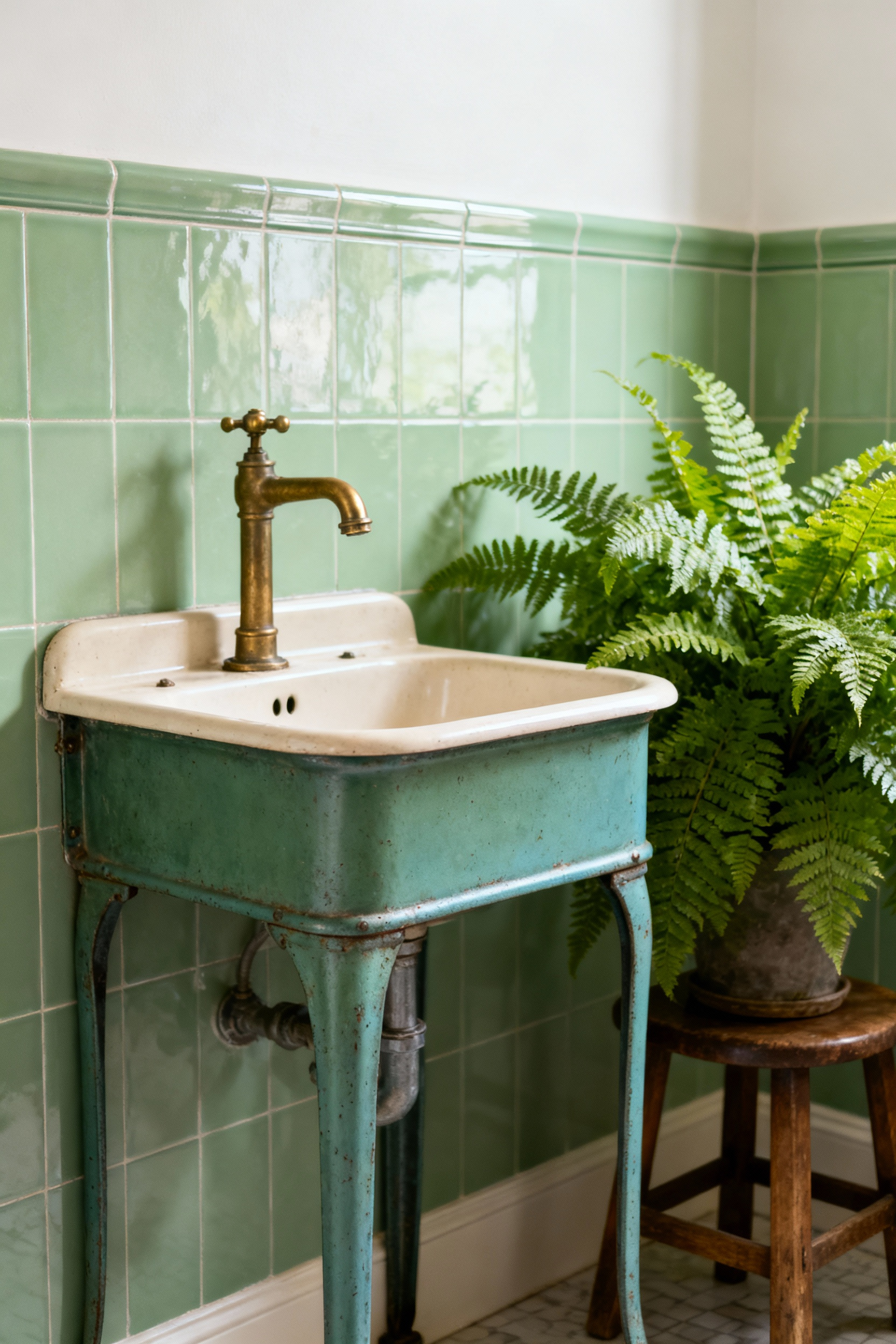 Restored vintage dry sink repurposed as a bathroom vanity with a brass faucet, surrounded by lush green plants in a light-filled green bathroom.