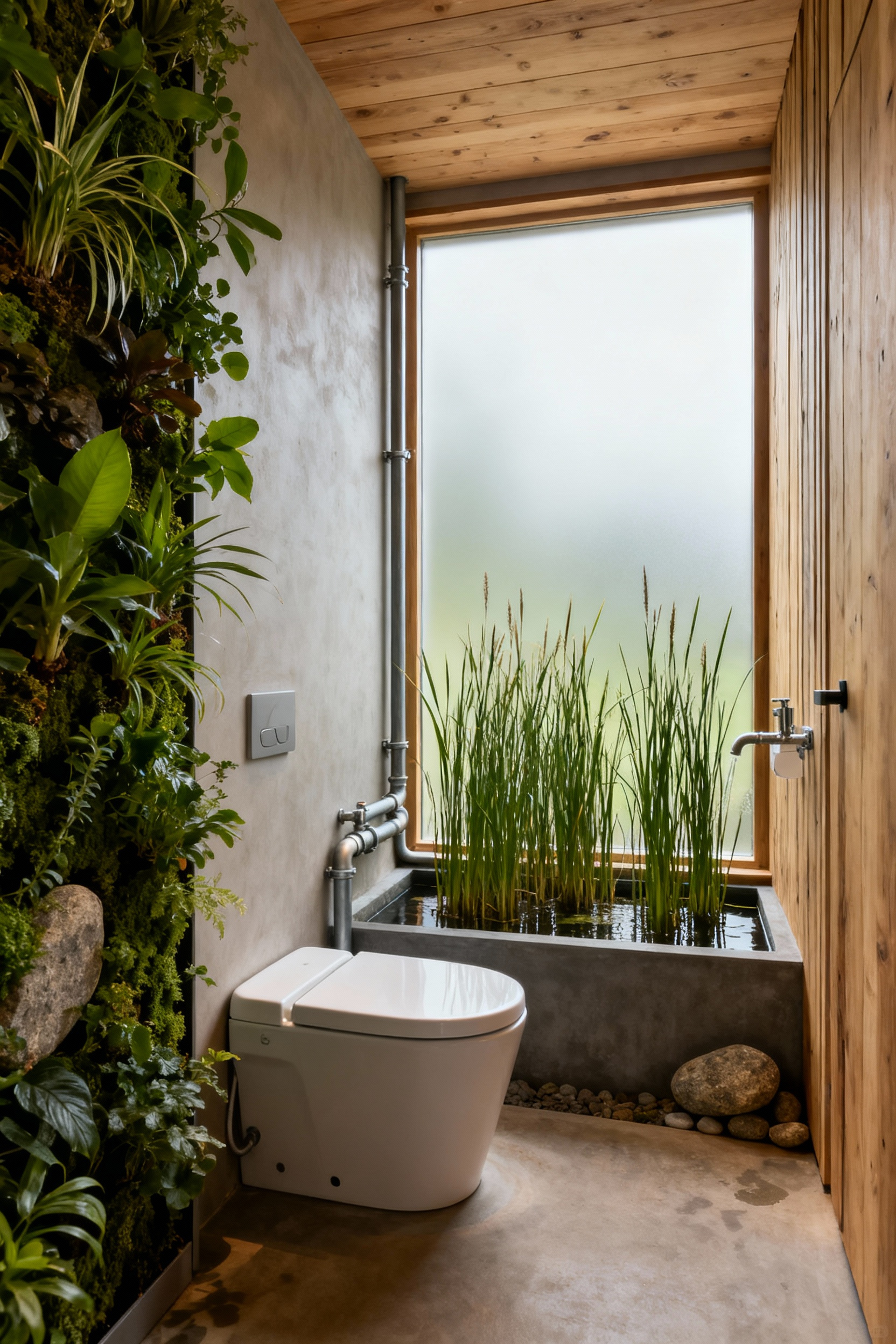 Eco-friendly bathroom with integrated composting toilet and recirculating greywater system, natural light, green plants.