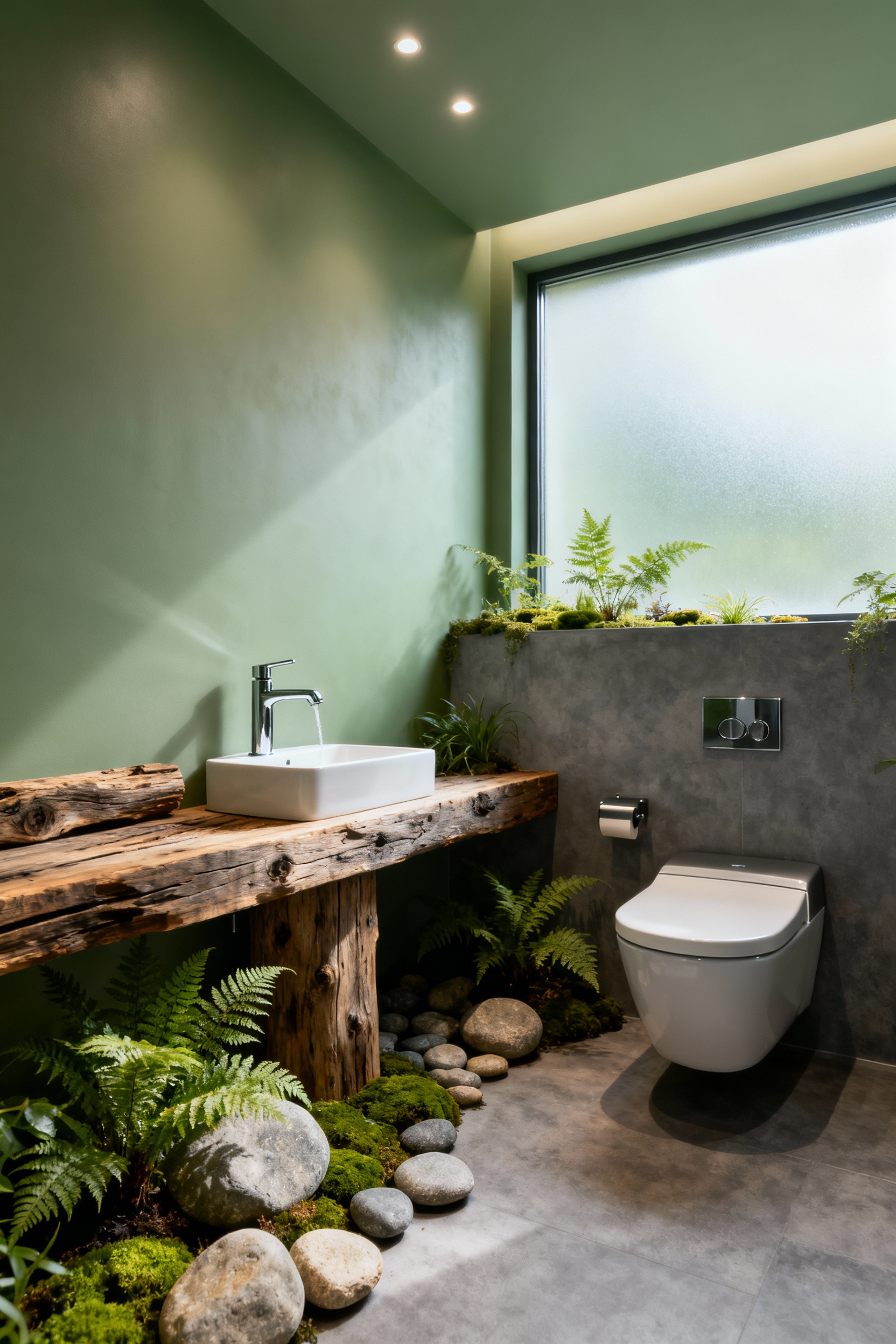 Bathroom featuring elegant hyper-efficient water fixtures like a low-flow faucet and dual-flush toilet, surrounded by natural elements for water stewardship.