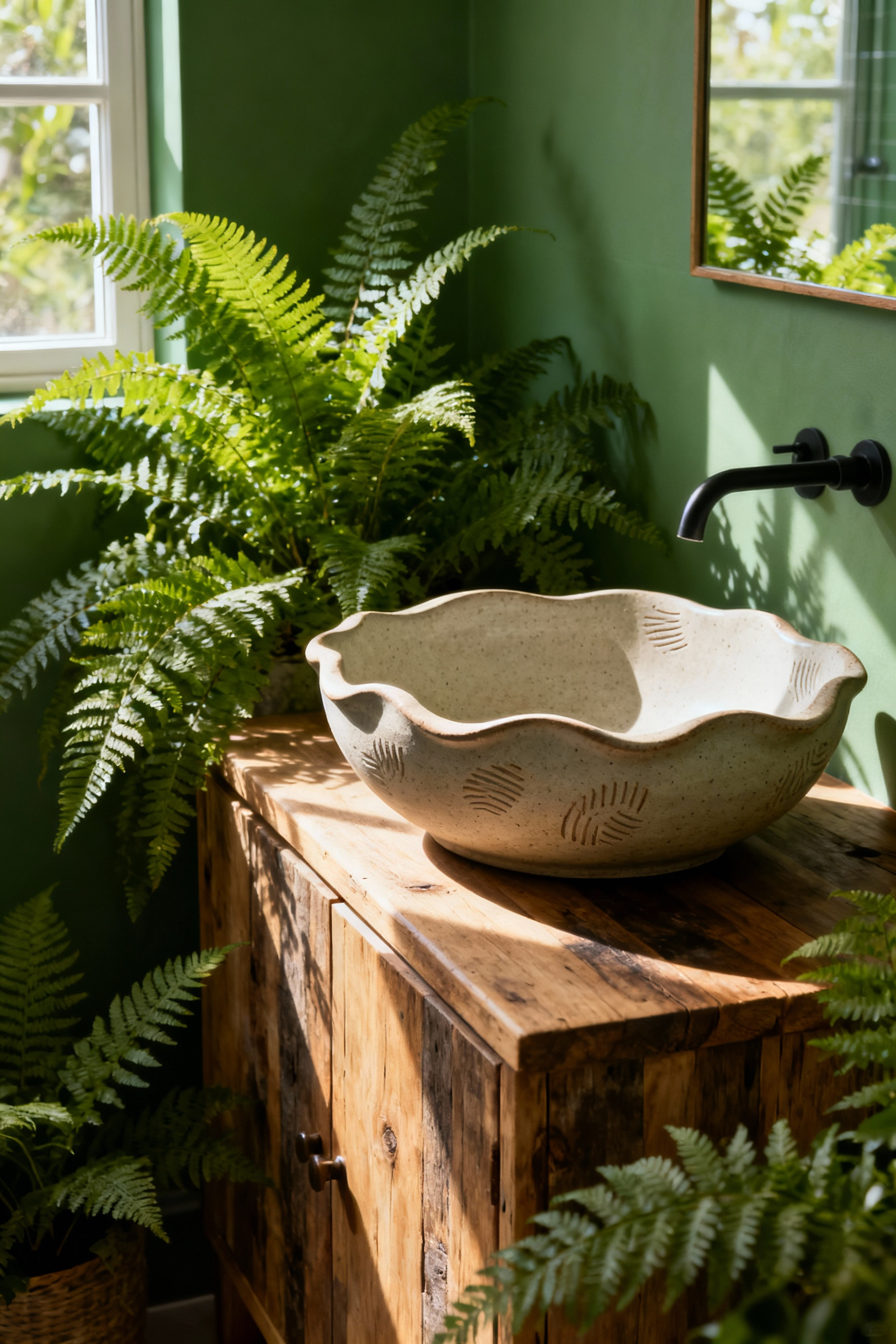 A handcrafted, matte stoneware basin from artisanal lead-free ceramics on a reclaimed wood vanity in a green bathroom, featuring biophilic design.
