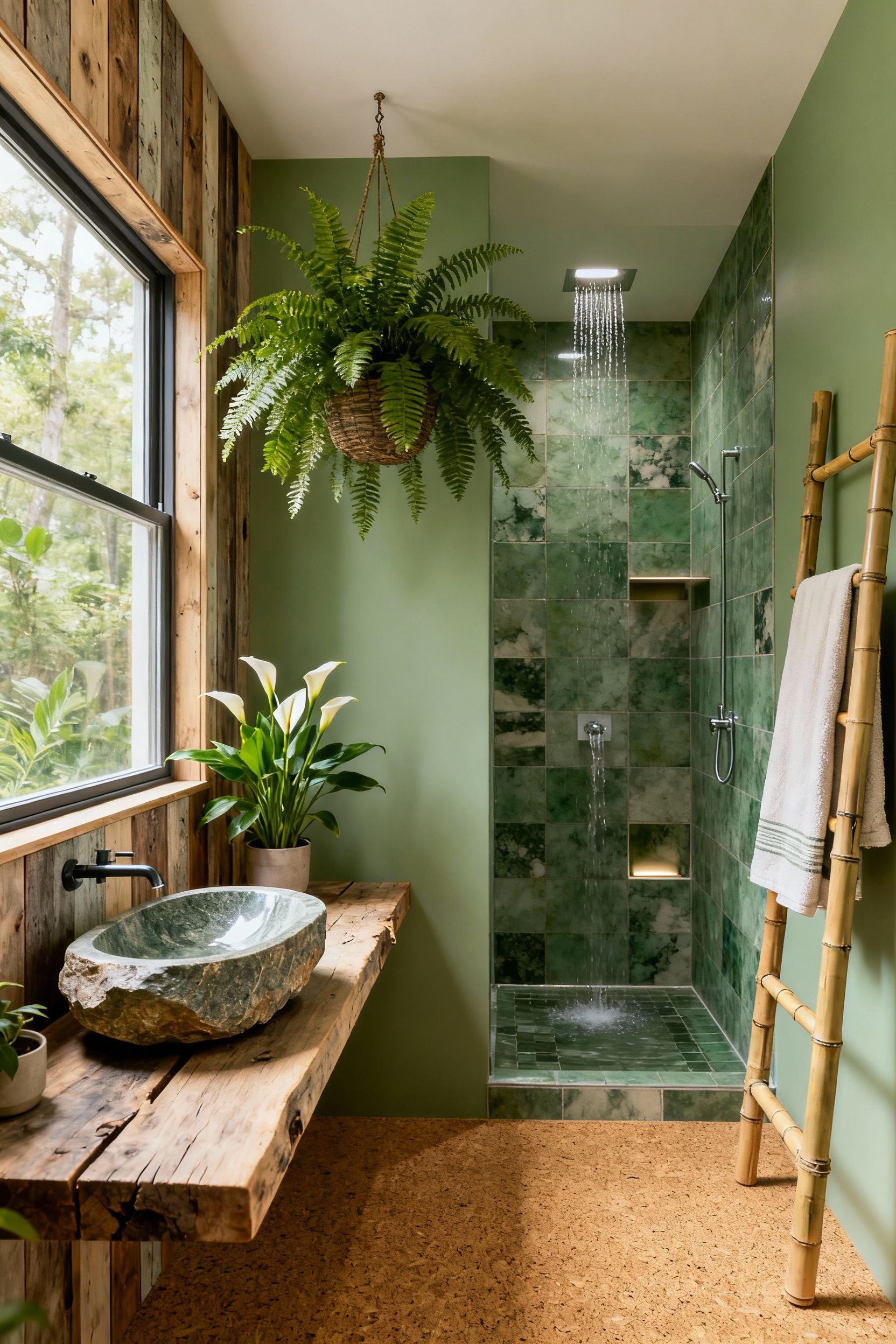 A tranquil green bathroom showcasing biophilic design, featuring lush plants, reclaimed wood, river stone, and abundant natural light for a multisensory renewal experience.