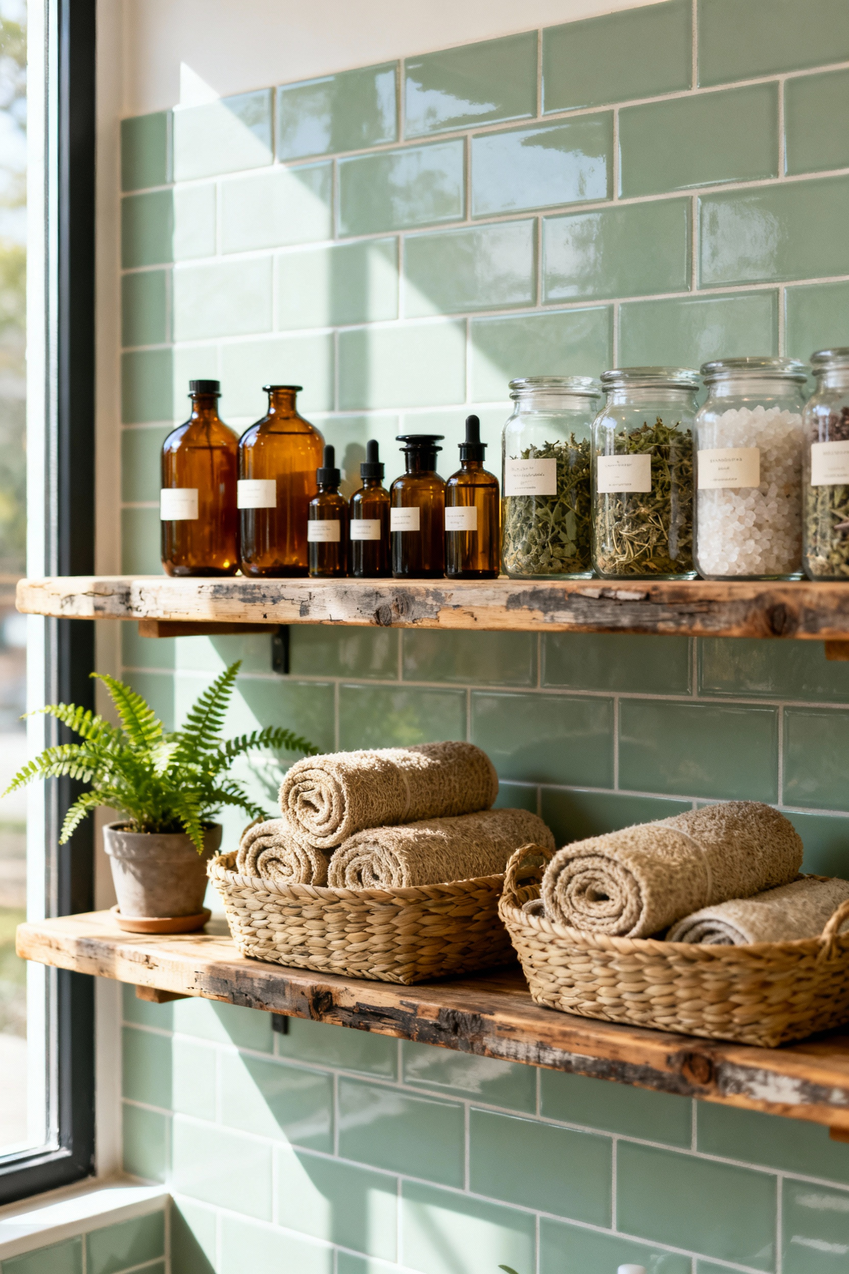 A beautifully arranged non-toxic apothecary in a green bathroom, featuring amber glass bottles, handmade soaps, herbal oils, and natural fiber towels on reclaimed wood shelving, symbolizing pure personal care and an earth-connected sanctuary.
