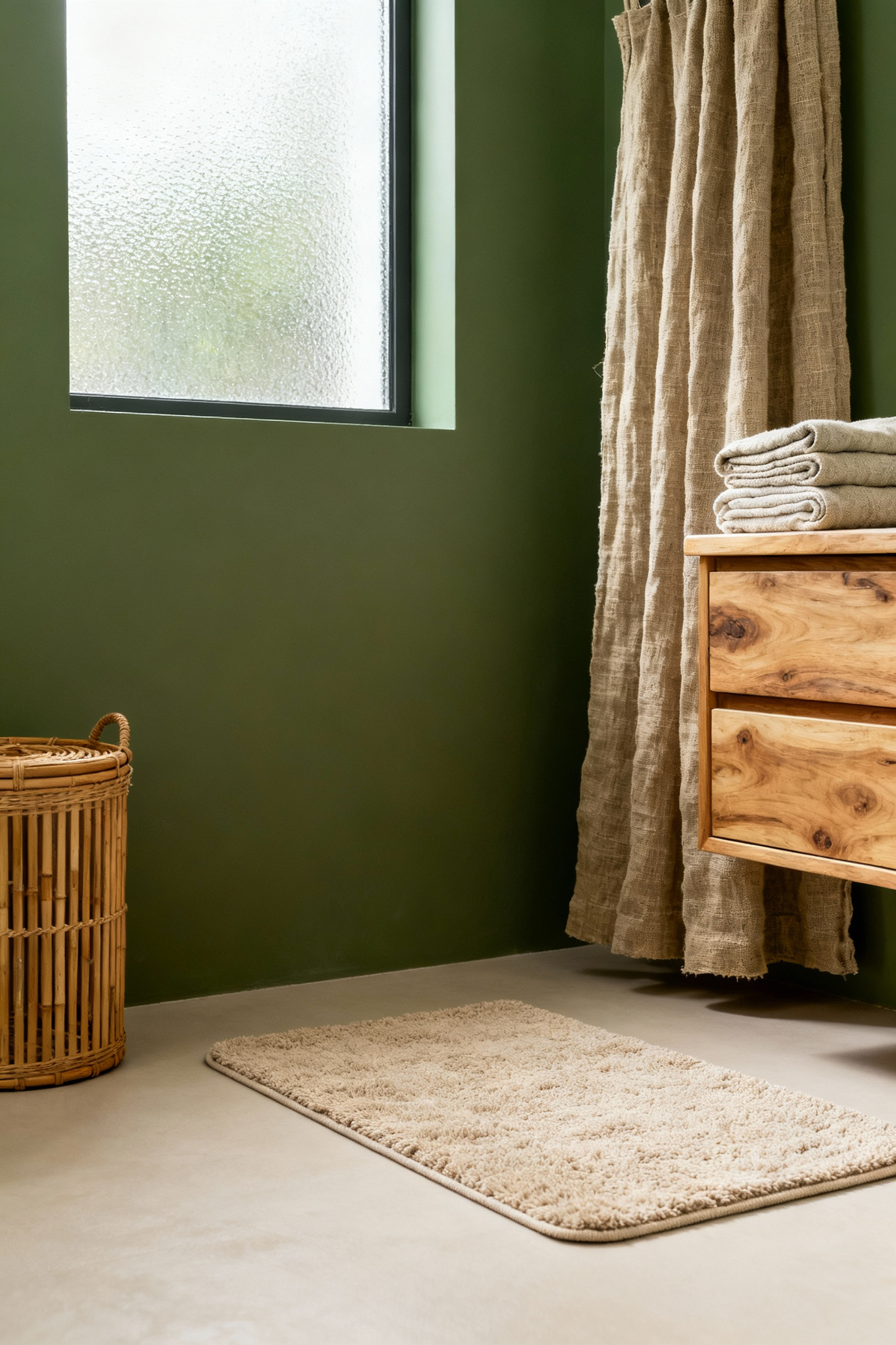 A serene green bathroom featuring organic cotton bath mats, stacked linen towels on a wooden vanity, and a hemp shower curtain. The scene emphasizes natural fiber textiles, soft textures, and sustainable design in a bathroom setting.