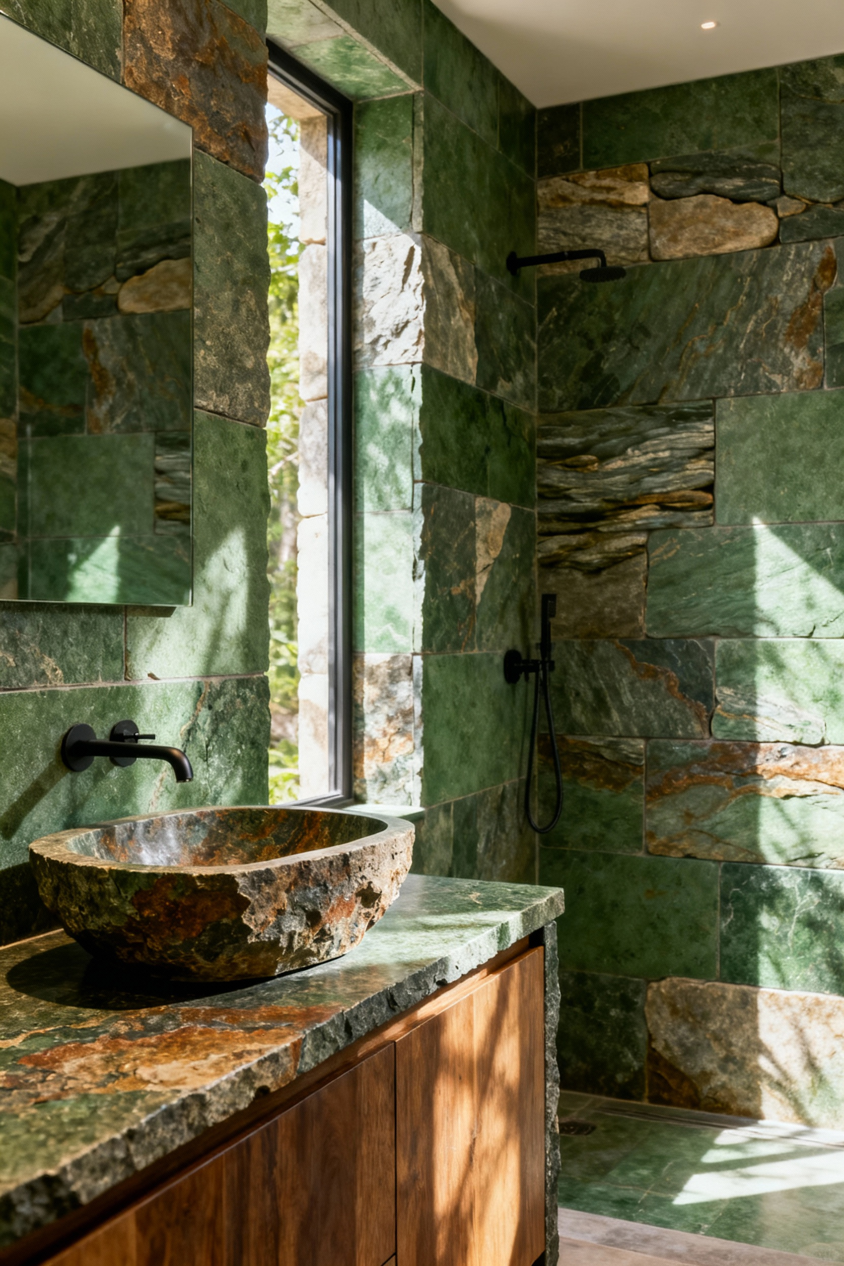 Green bathroom featuring a honed slate vanity, natural river stone shower tiles, and soft natural light, showcasing locally sourced natural stone surfaces.