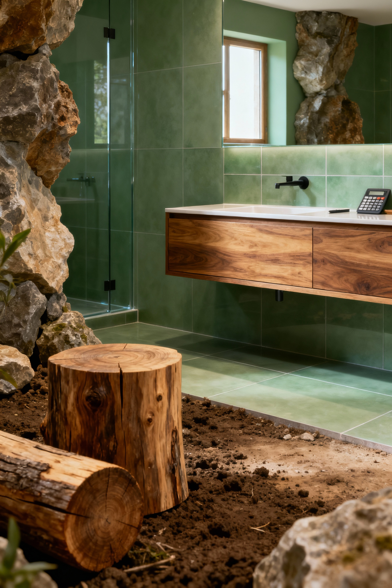 Image showing the lifecycle of green bathroom materials, with raw timber blending into a finished wooden vanity, alongside ceramic tiles, illustrating lifecycle assessments.