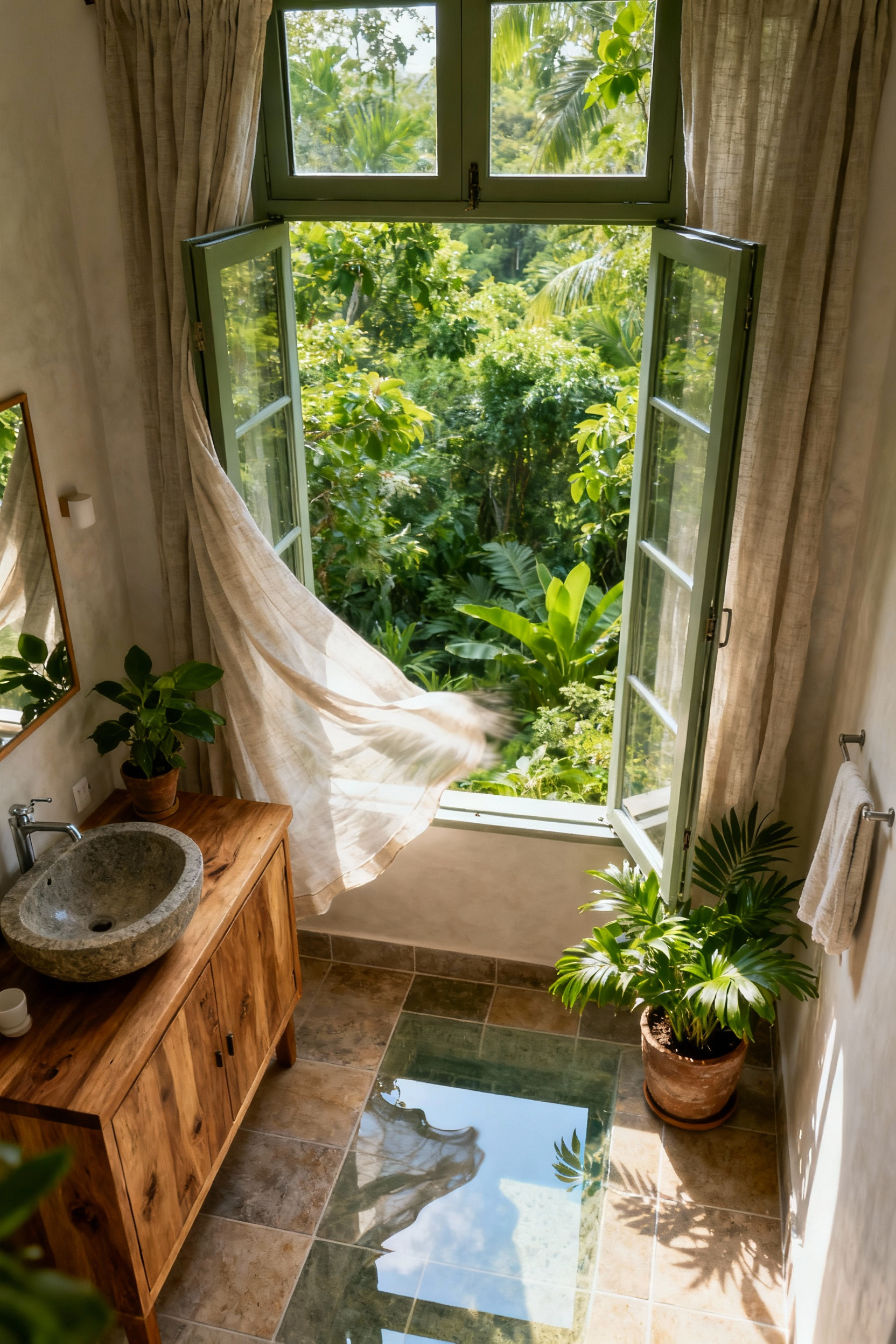 A serene green bathroom showcasing a large open window with a gently billowing curtain, surrounded by natural wood and lush plants, illustrating passive ventilation and natural light.