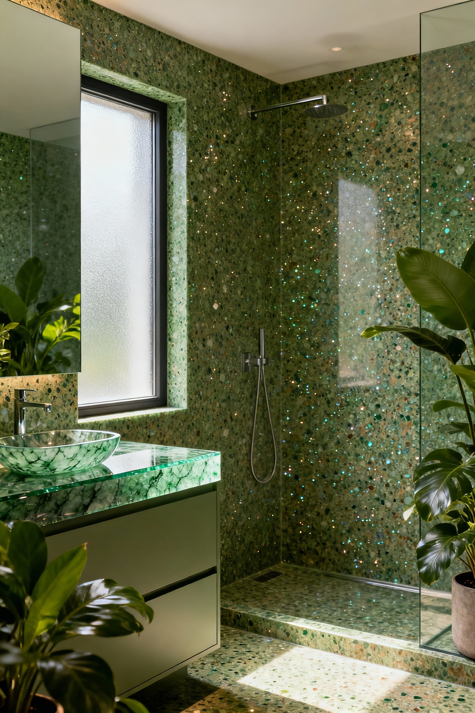 Luxurious green bathroom featuring seamless terrazzo shower, recycled glass vanity top, and natural light.