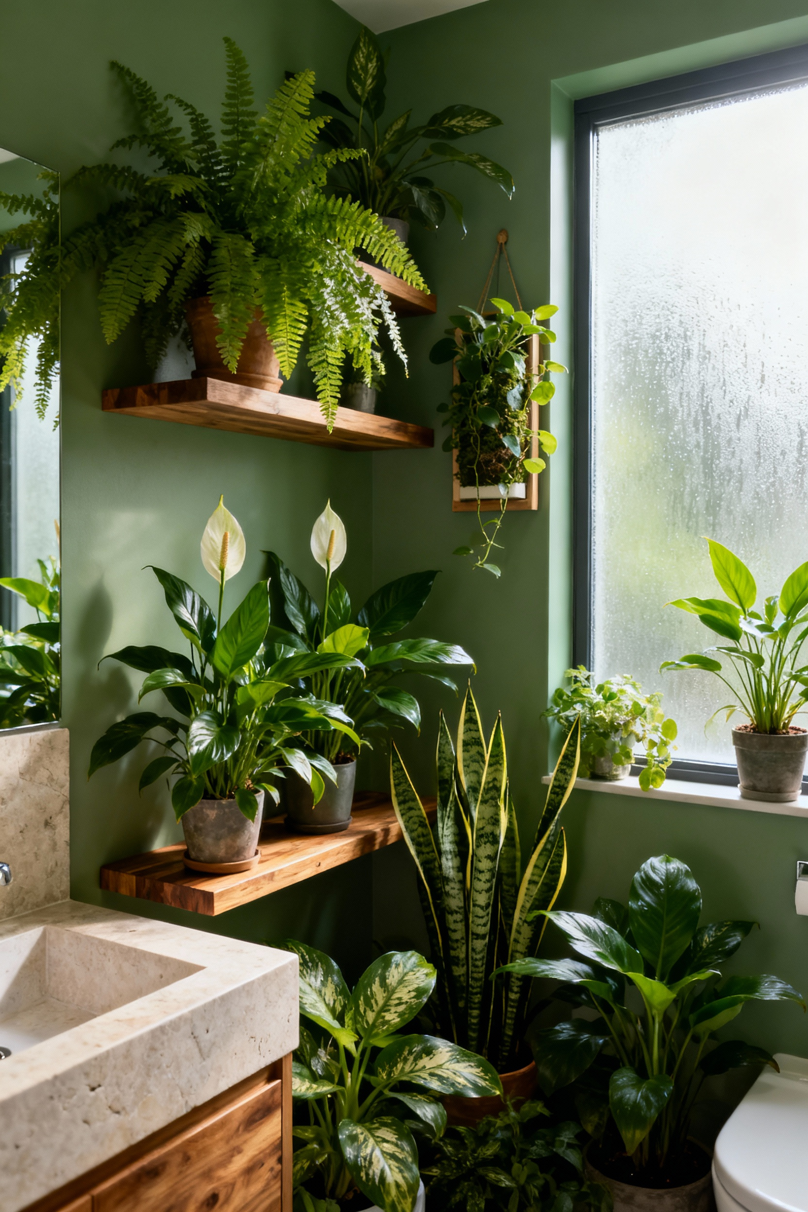 Lush green bathroom with diverse air-purifying plants creating an indoor botanical microclimate, teak shelving, and soft lighting, for air purification.