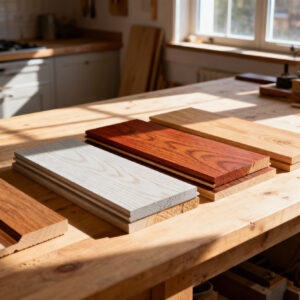 Detailed samples of different oak wood varieties (White Oak, Red Oak, plain-sawn, quarter-sawn) displayed on a natural countertop in a well-lit kitchen, highlighting unique grain patterns and color tones.