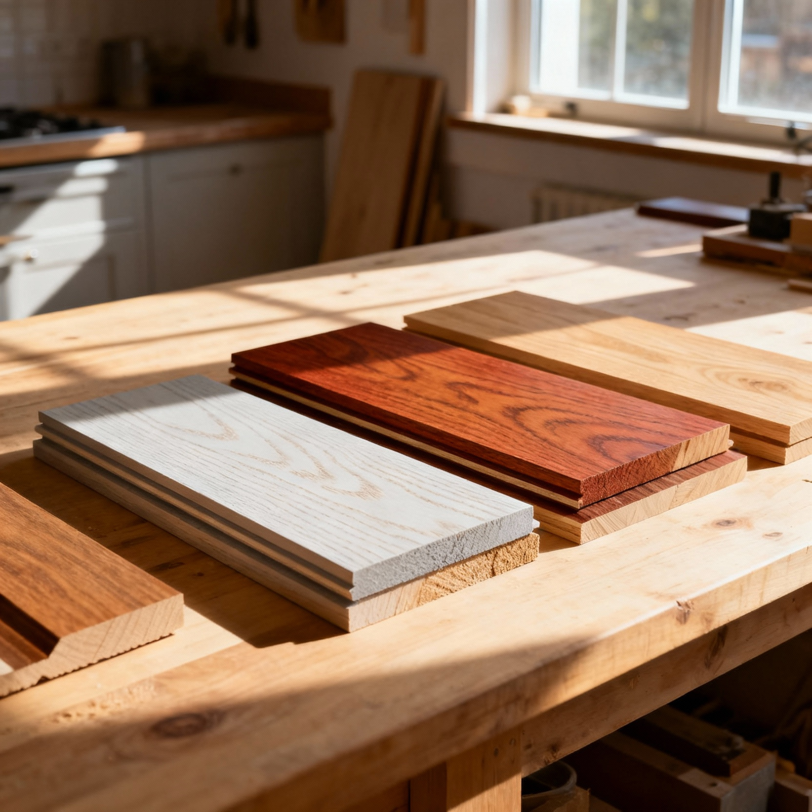 Detailed samples of different oak wood varieties (White Oak, Red Oak, plain-sawn, quarter-sawn) displayed on a natural countertop in a well-lit kitchen, highlighting unique grain patterns and color tones.