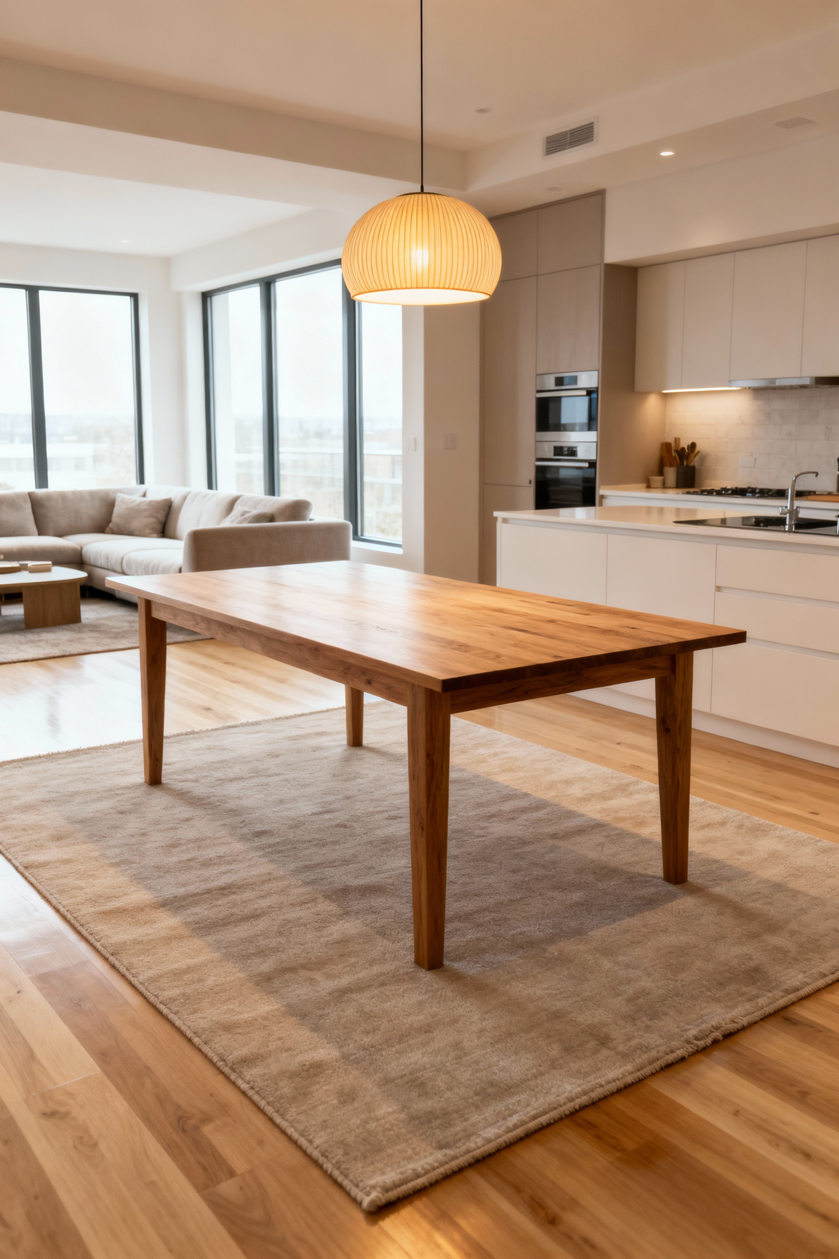 Warm oak kitchen table defining dining zone in open concept living area, with an area rug and pendant light.