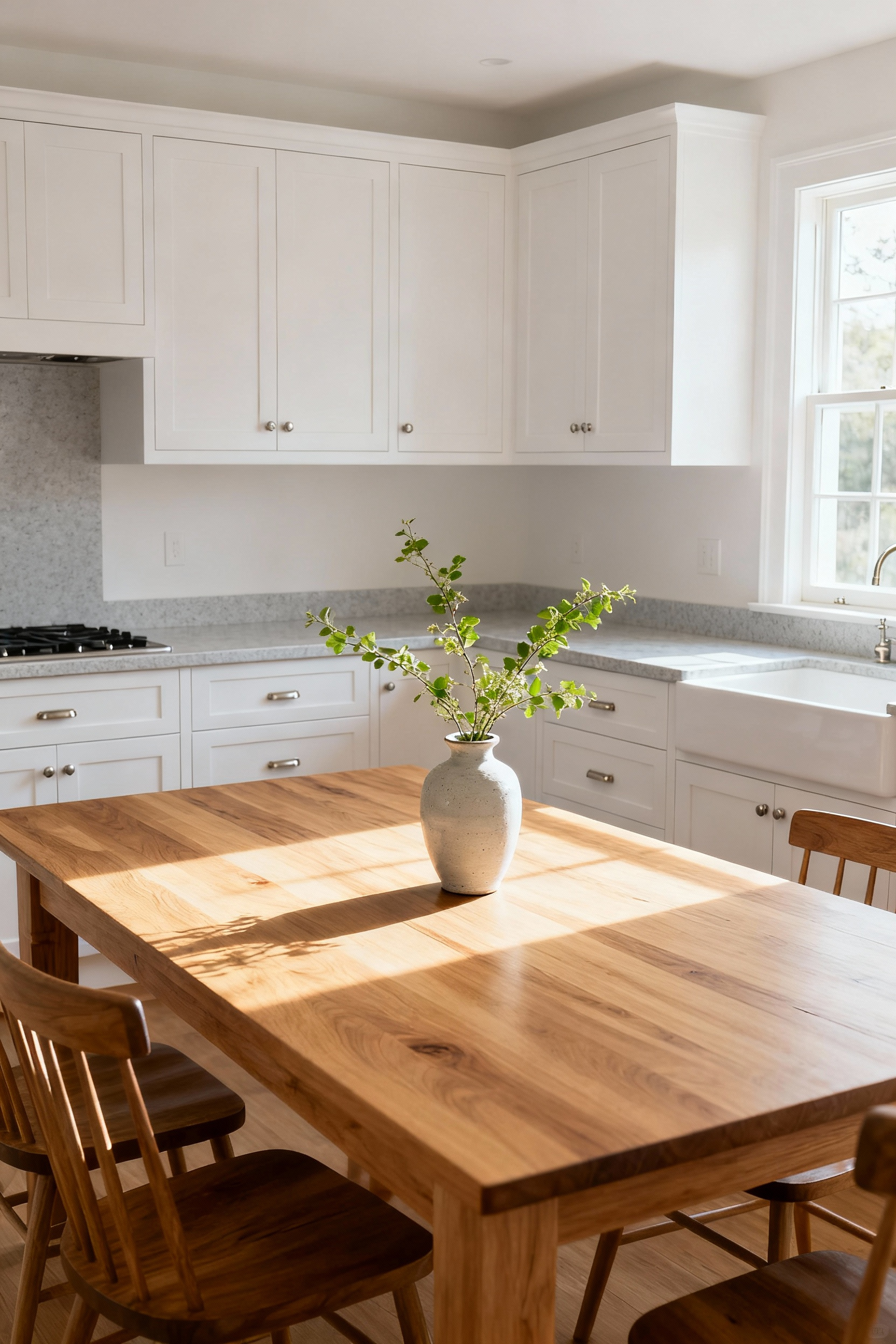 Oak kitchen table with light, natural finish blending seamlessly with white cabinets and grey countertops in a bright, modern kitchen