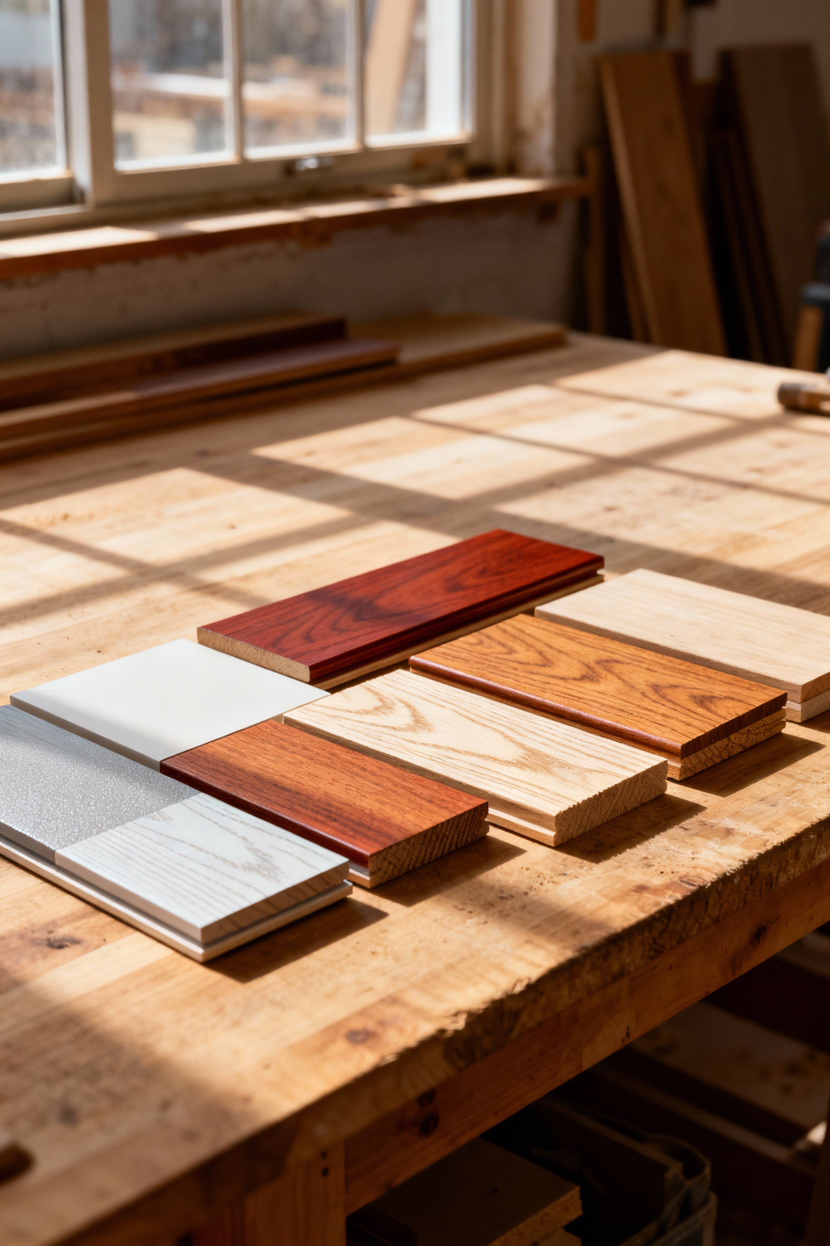 Detailed samples of different oak wood varieties (White Oak, Red Oak, plain-sawn, quarter-sawn) displayed on a natural countertop in a well-lit kitchen, highlighting unique grain patterns and color tones.