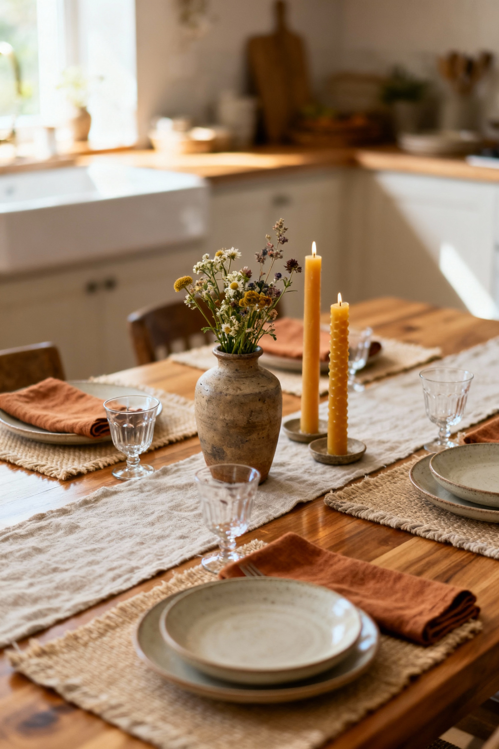 Close-up of a beautifully set oak kitchen table featuring textured linen placemats, minimalist white stoneware, delicate glassware, and a centerpiece with fresh flowers and unlit candles, creating a warm, personalized dining atmosphere.