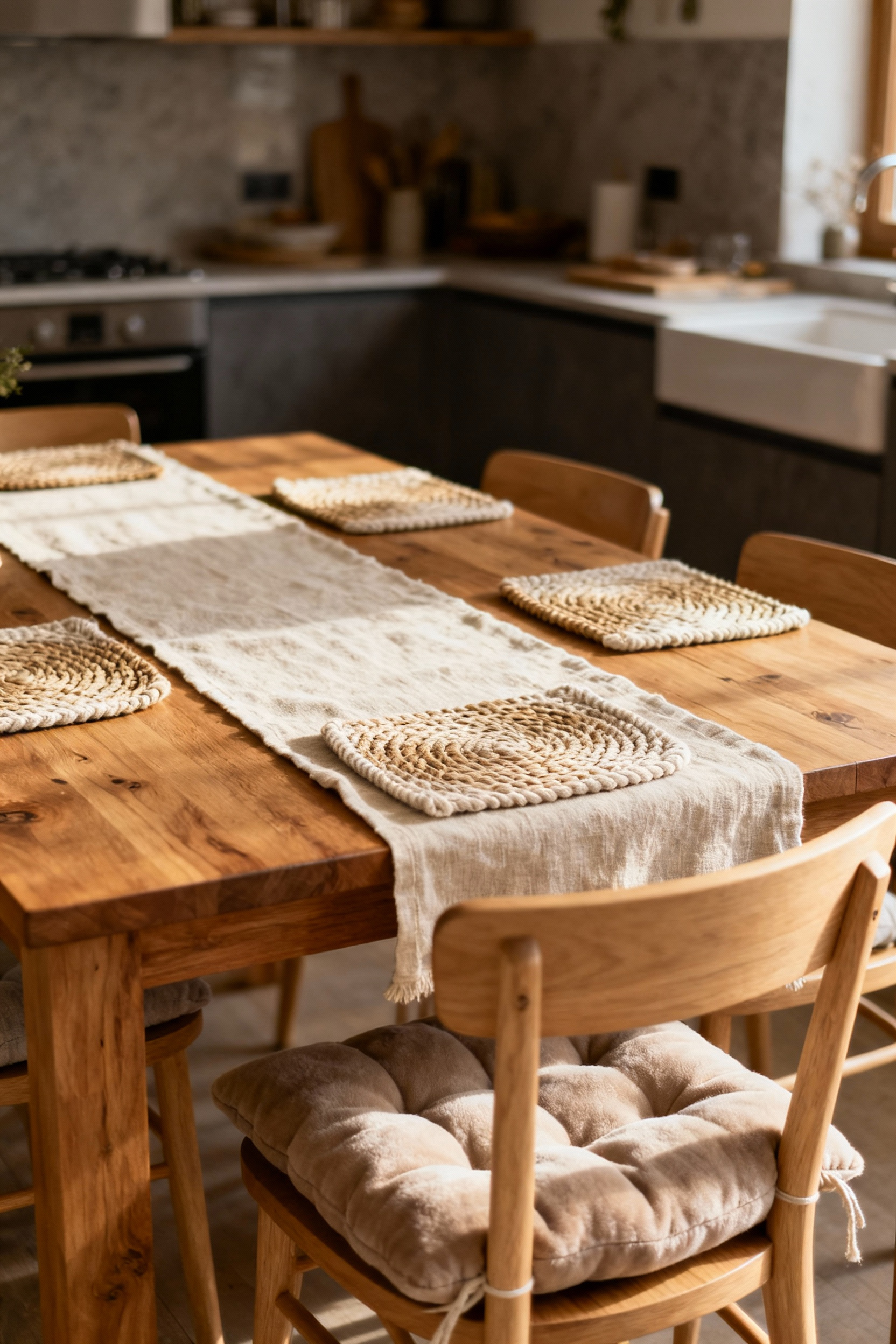 An inviting oak kitchen table adorned with a soft linen runner, cotton placemats, and upholstered chair cushions, creating a cozy and protected dining area.