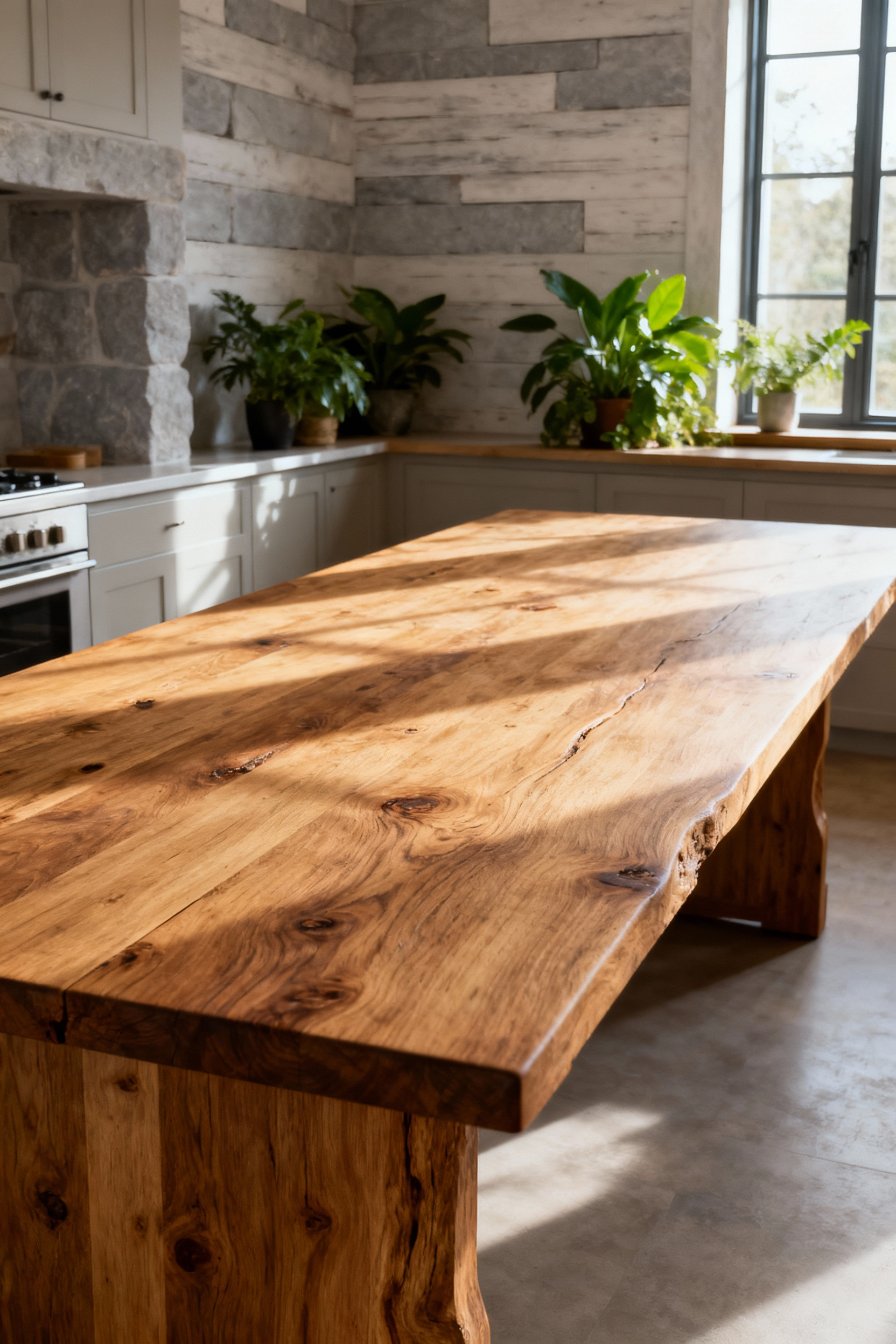Elegant heritage solid oak dining table in a cozy, rustic kitchen setting, showcasing natural wood grain and timeless design, bathed in warm natural light.
