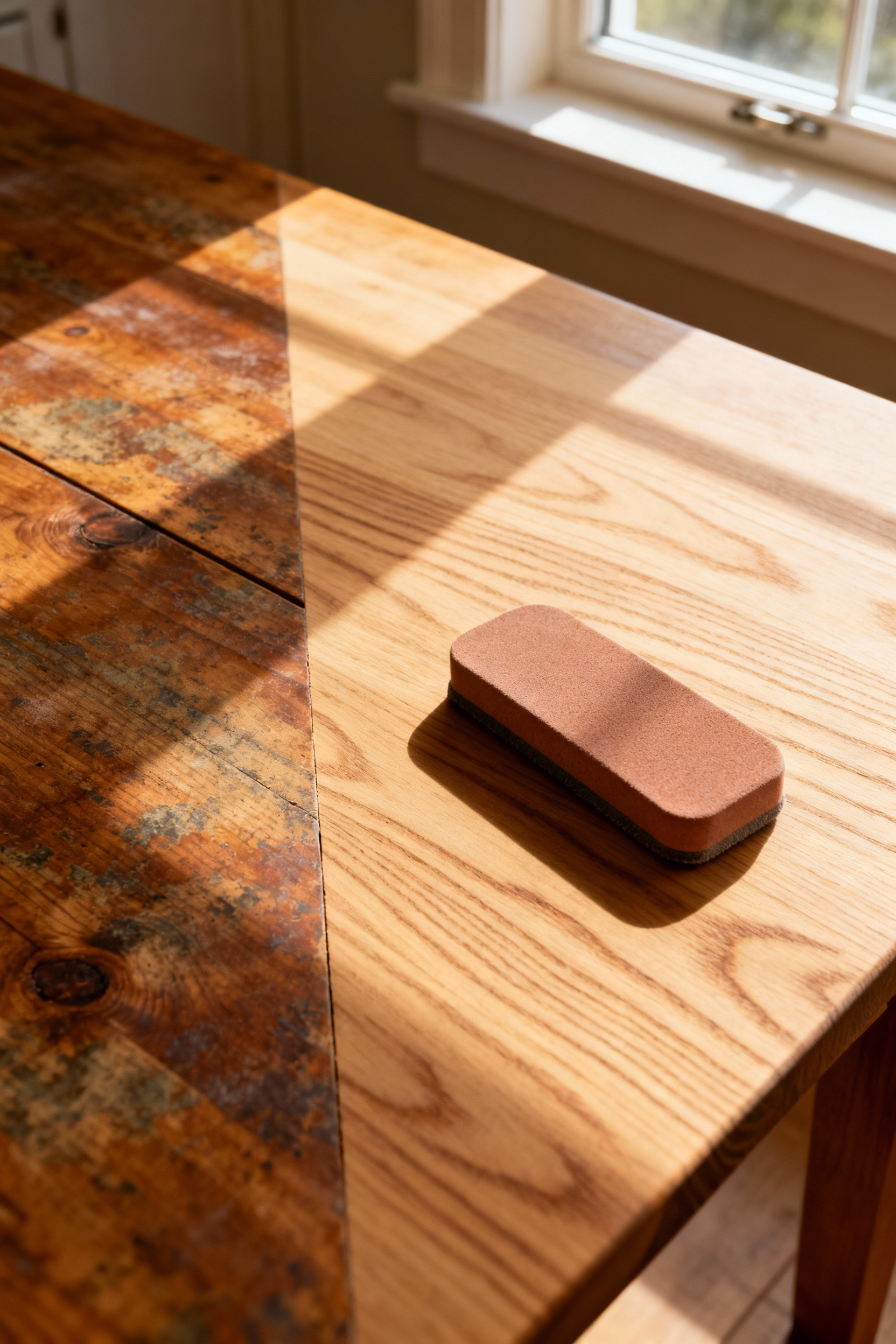Close-up of an oak table surface showing a clear distinction between a worn, old finish and freshly sanded, raw oak wood, highlighting the refinishing process.