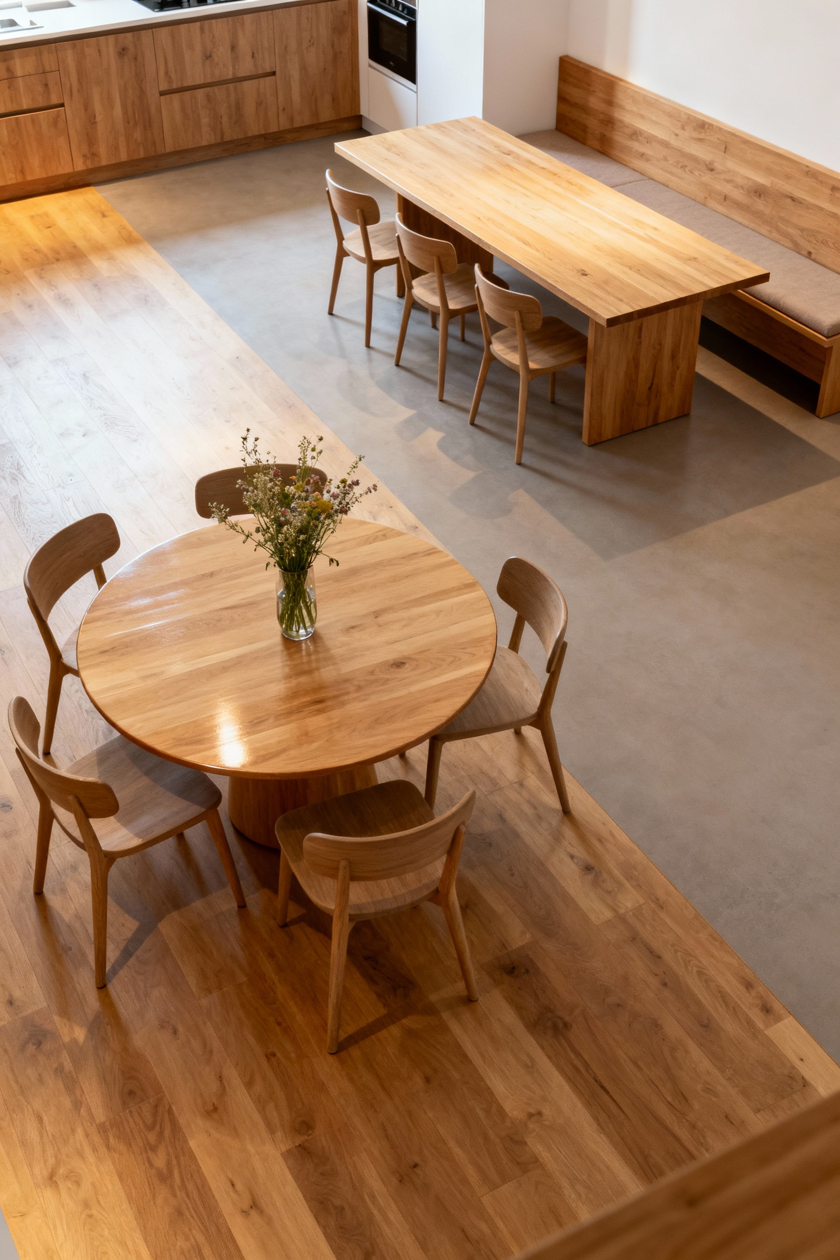 Split image showing a cozy round oak kitchen table with chairs in a compact dining nook and a long rectangular oak kitchen table with bench seating in an open-plan farmhouse kitchen, illustrating the different social and spatial benefits of each shape.