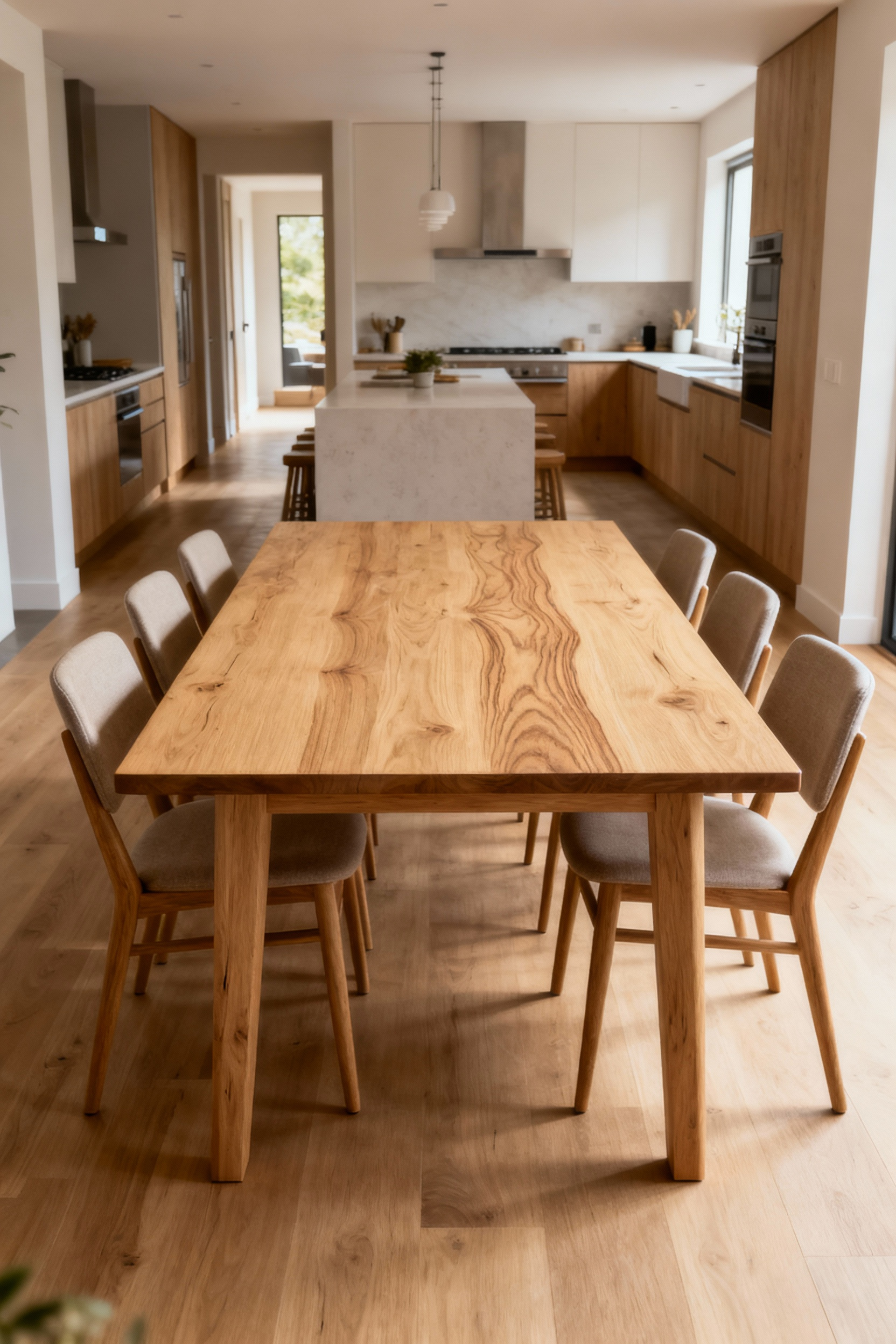 A perfectly spaced light oak kitchen table demonstrating ideal room flow and comfortable seating in a modern, naturally lit dining area, with no people or measuring tools present.